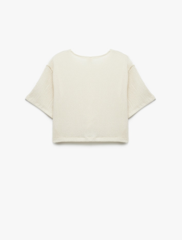 Kız Çocuk Bisiklet Yaka Kısa Kollu Bağlama Detaylı Crop Bluz