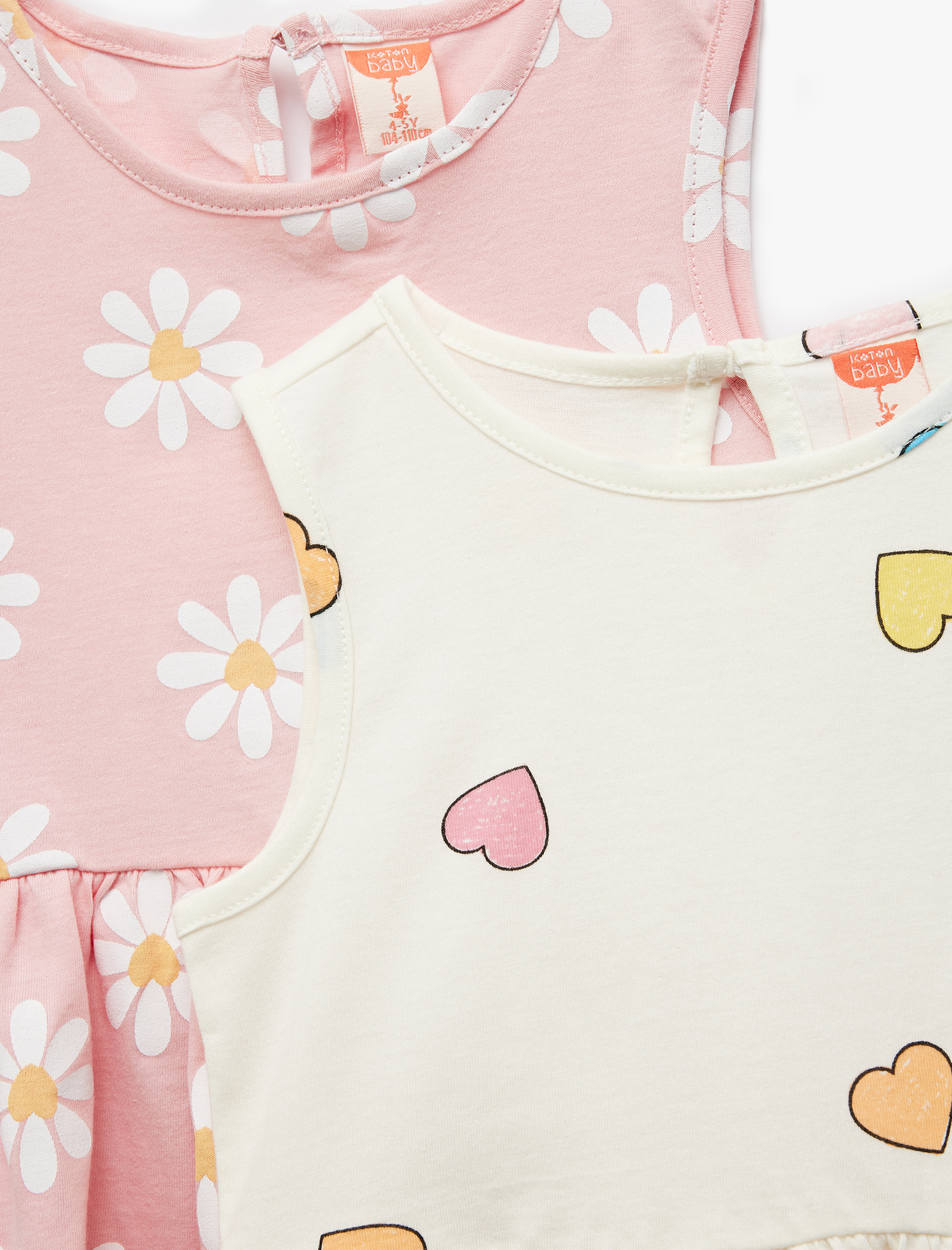  Kız Bebek Kalp ve Çiçek Desenli Pamuklu Bisiklet Yaka 2'li Elbise Seti