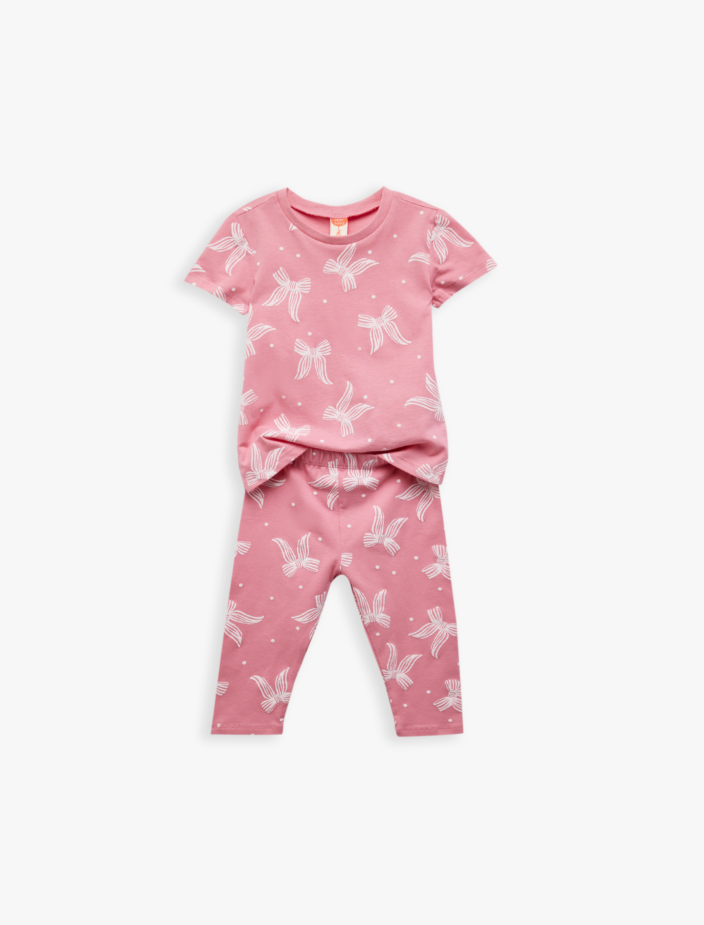  Kız Bebek Pamuklu Kalp ve Fiyonk Baskılı 2'li Tayt ve Tişört Seti