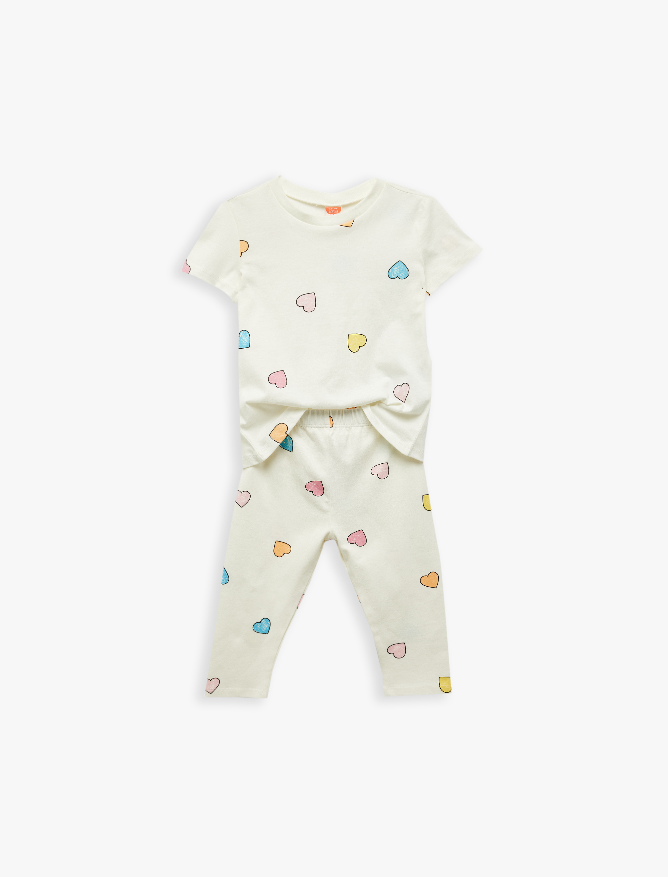  Kız Bebek Pamuklu Kalp ve Fiyonk Baskılı 2'li Tayt ve Tişört Seti