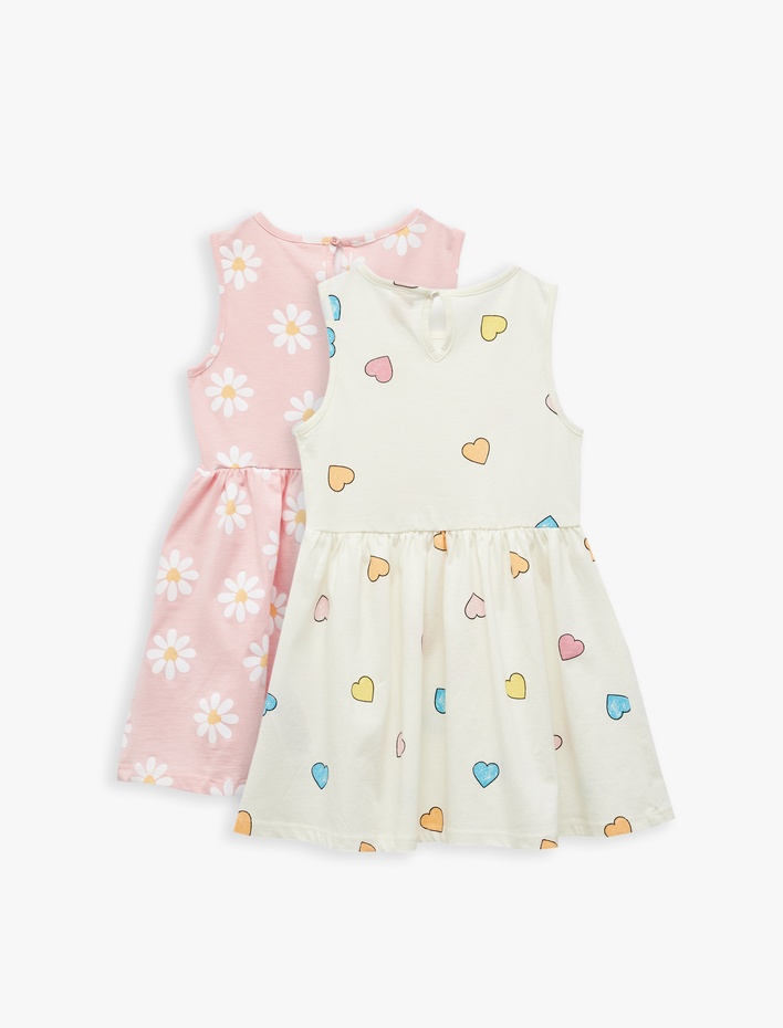 Kız Bebek Kalp ve Çiçek Desenli Pamuklu Bisiklet Yaka 2'li Elbise Seti
