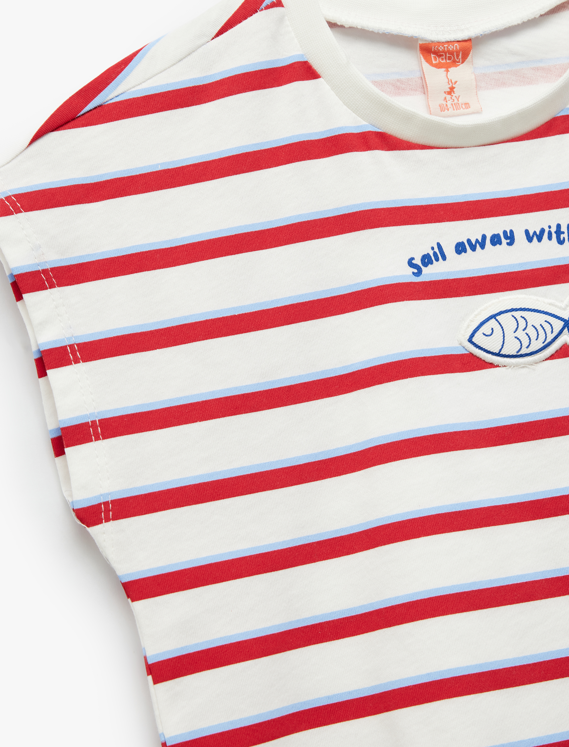  Kız Bebek Bisiklet Yaka Kolsuz Balık İşlemeli Pamuklu ÇizgiliTişört