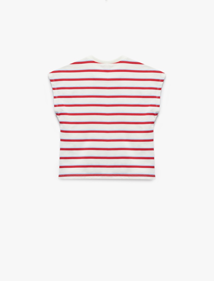 Kız Bebek Bisiklet Yaka Kolsuz Balık İşlemeli Pamuklu ÇizgiliTişört