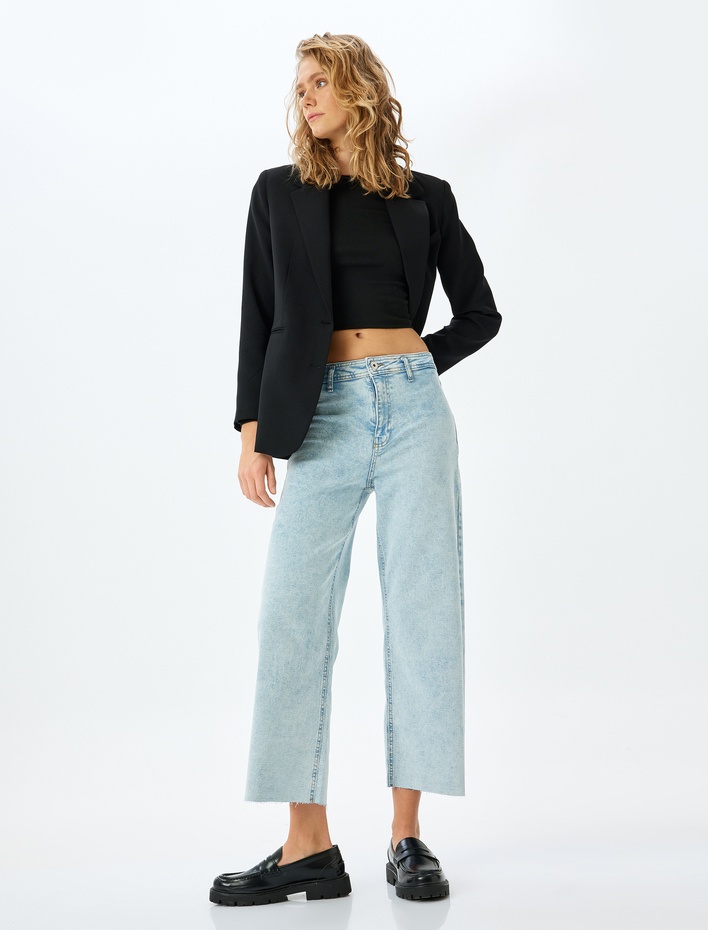  Yüksek Bel Kesik Paça Düğmeli Denim Pantolon -  Culotte Jean