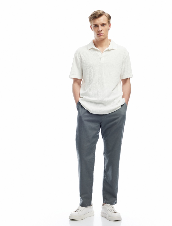  Keten Pamuk Karışımlı Beli Bağcıklı Chino Pantolon