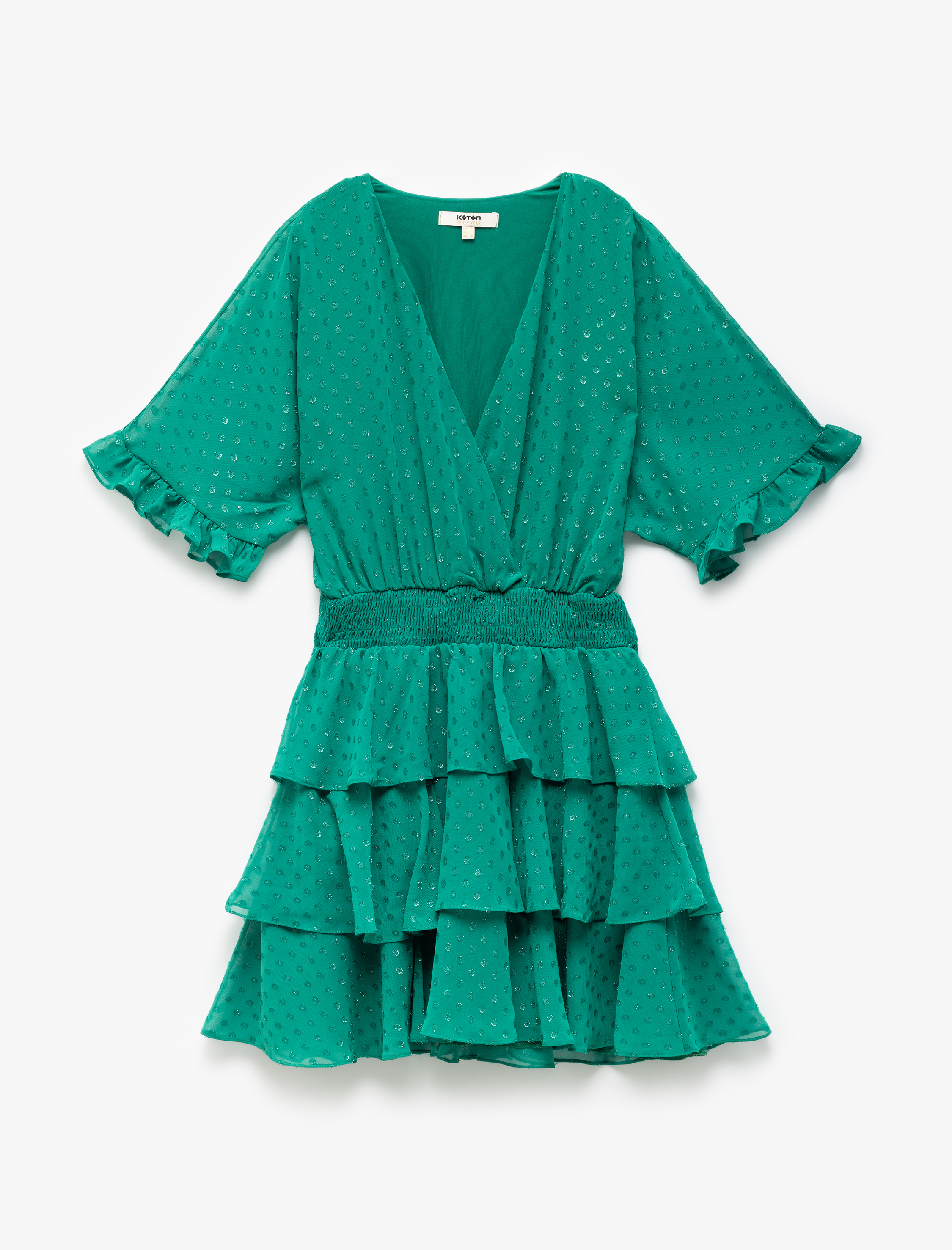   Katlı Volanlı Kruvaze Yaka Puantiyeli Gipeli Mini Elbise