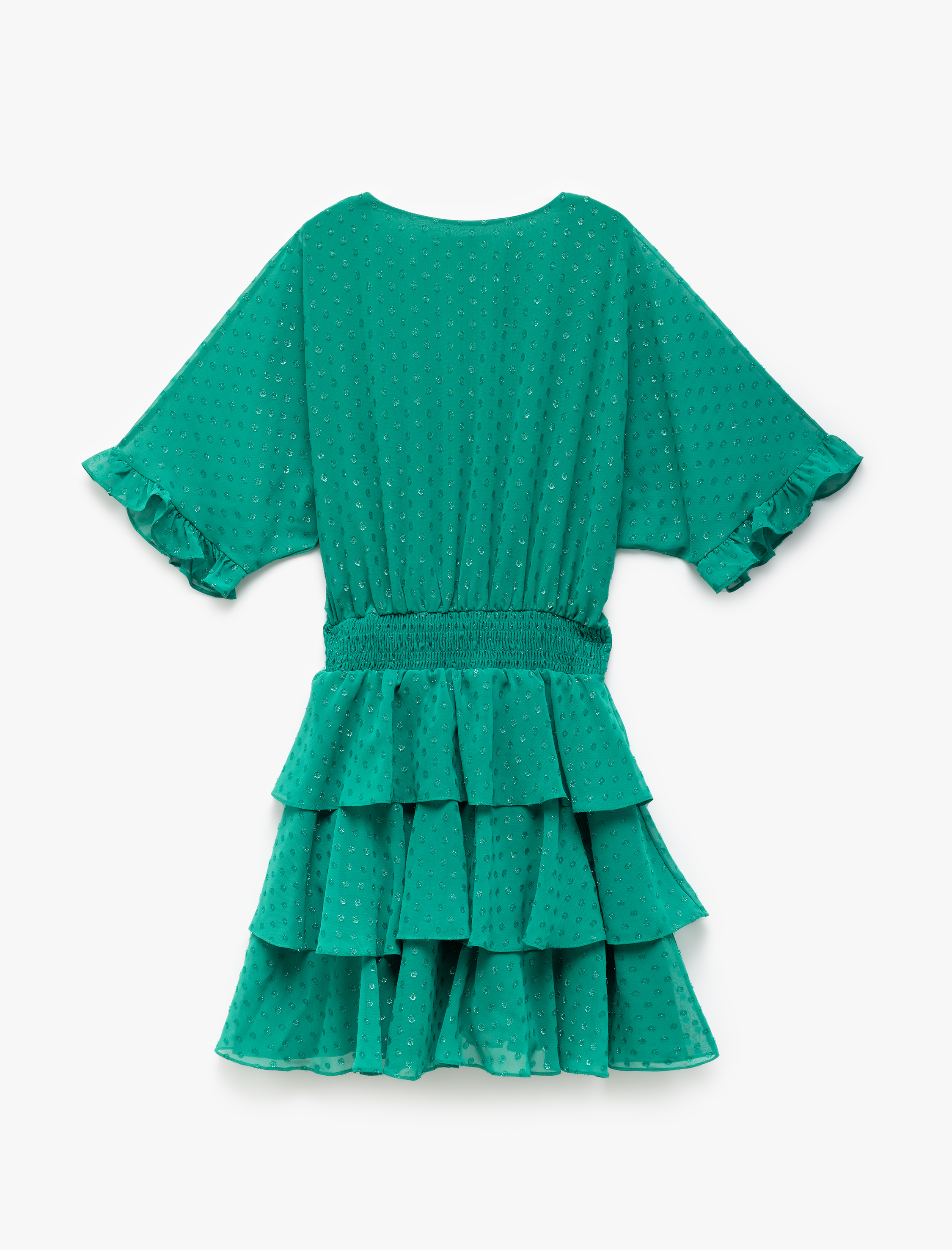   Katlı Volanlı Kruvaze Yaka Puantiyeli Gipeli Mini Elbise