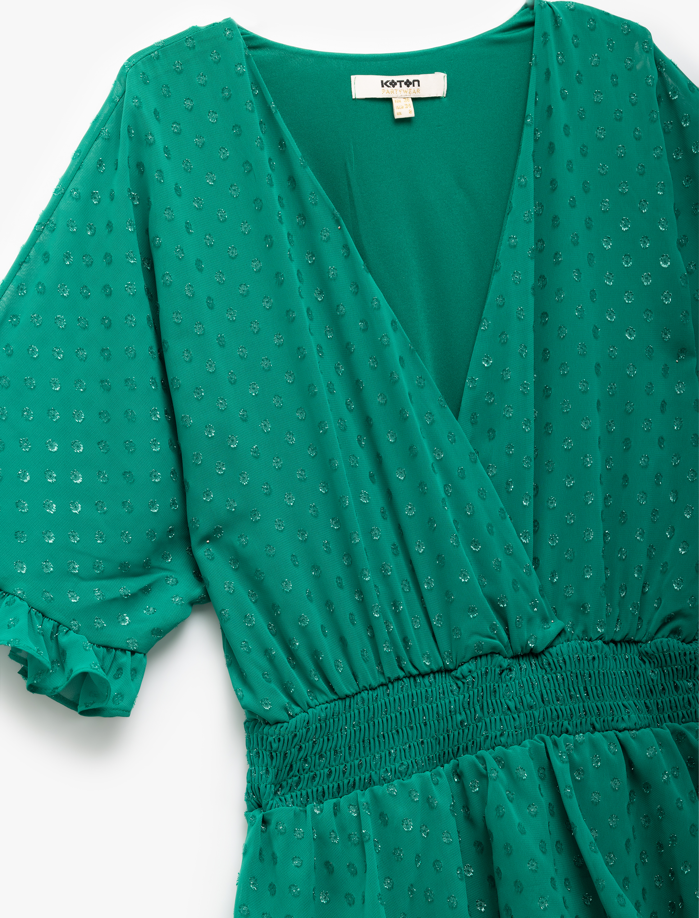   Katlı Volanlı Kruvaze Yaka Puantiyeli Gipeli Mini Elbise