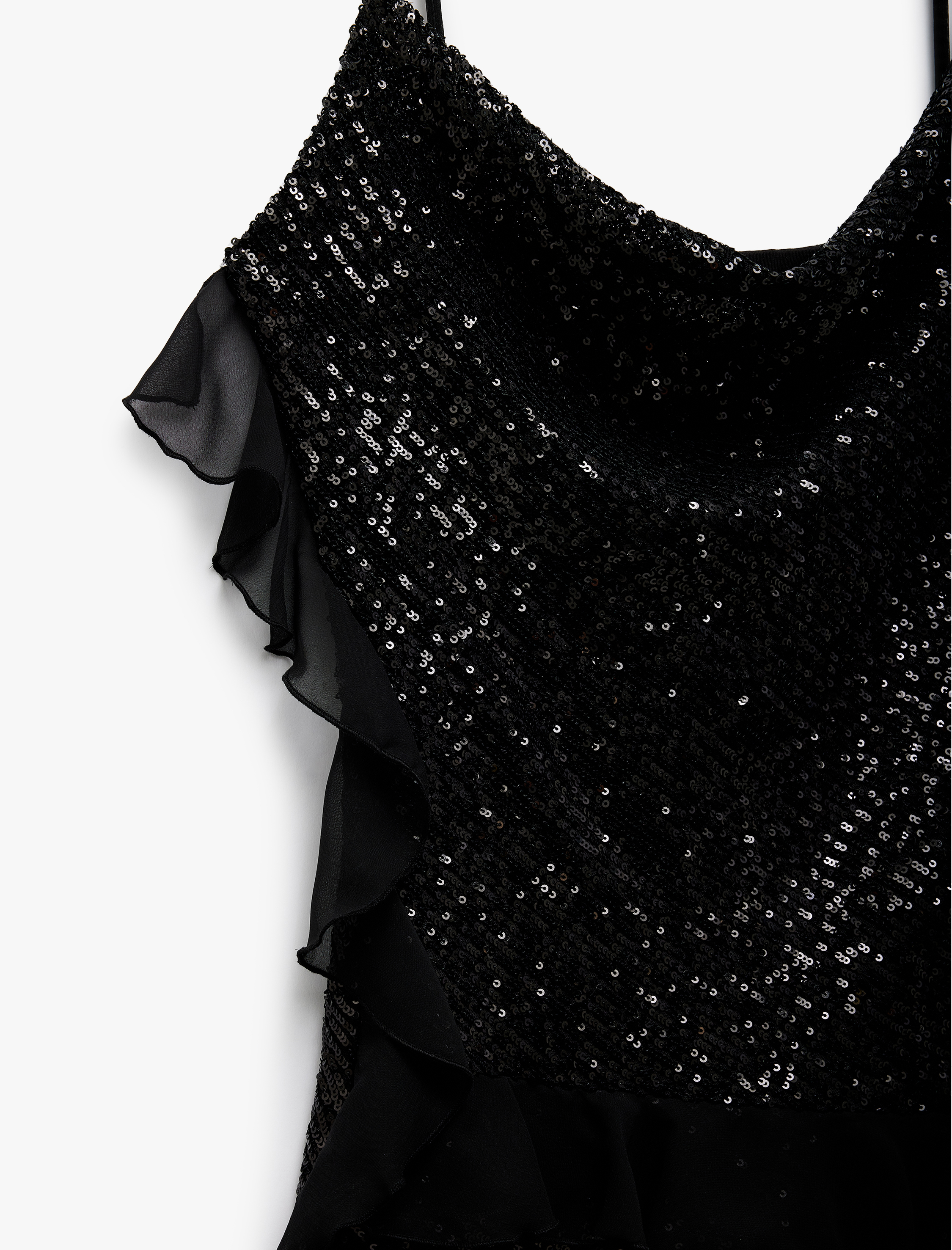   Pullu Payetli Askılı Degaje Yaka Tül Detaylı Mini Abiye Elbise