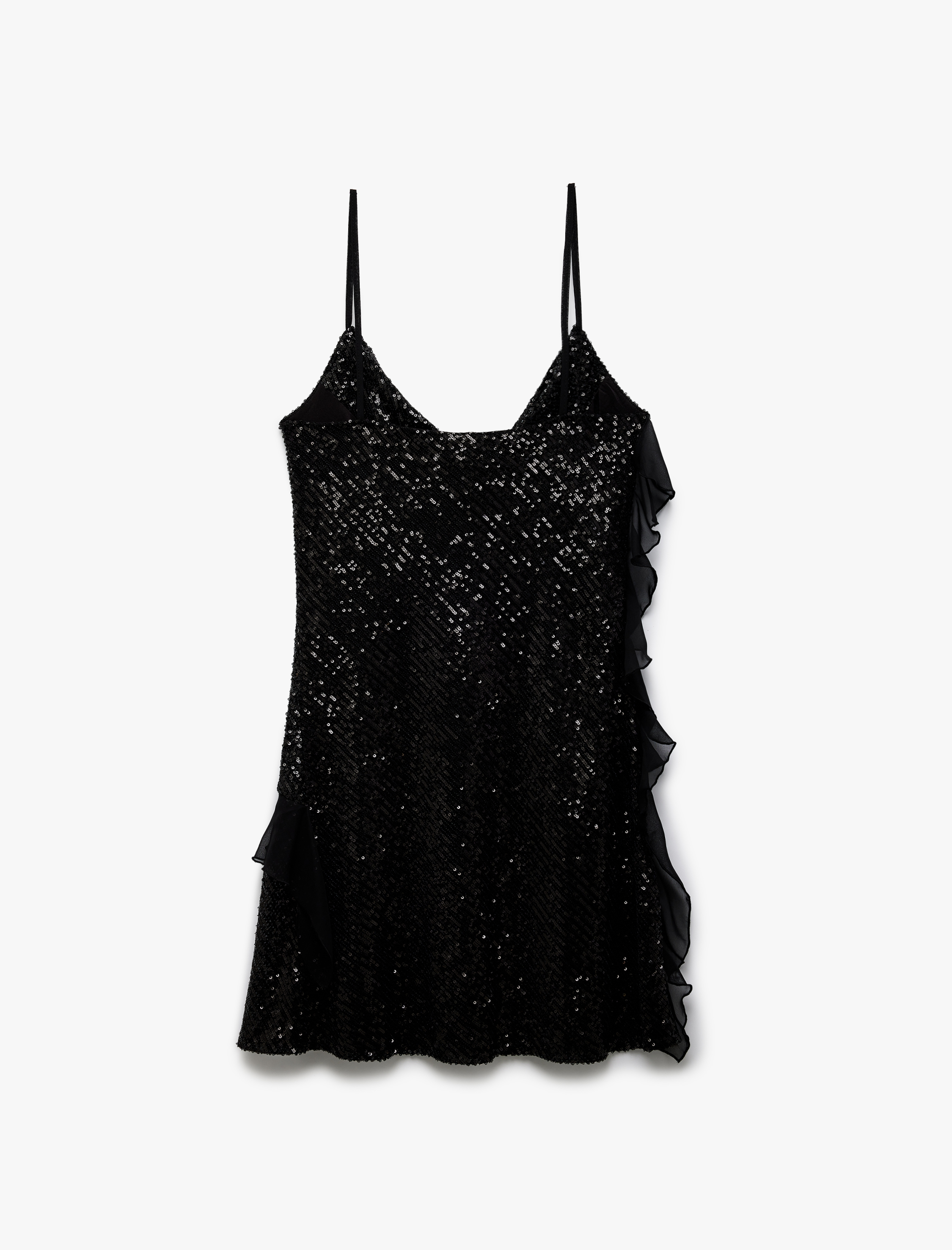   Pullu Payetli Askılı Degaje Yaka Tül Detaylı Mini Abiye Elbise