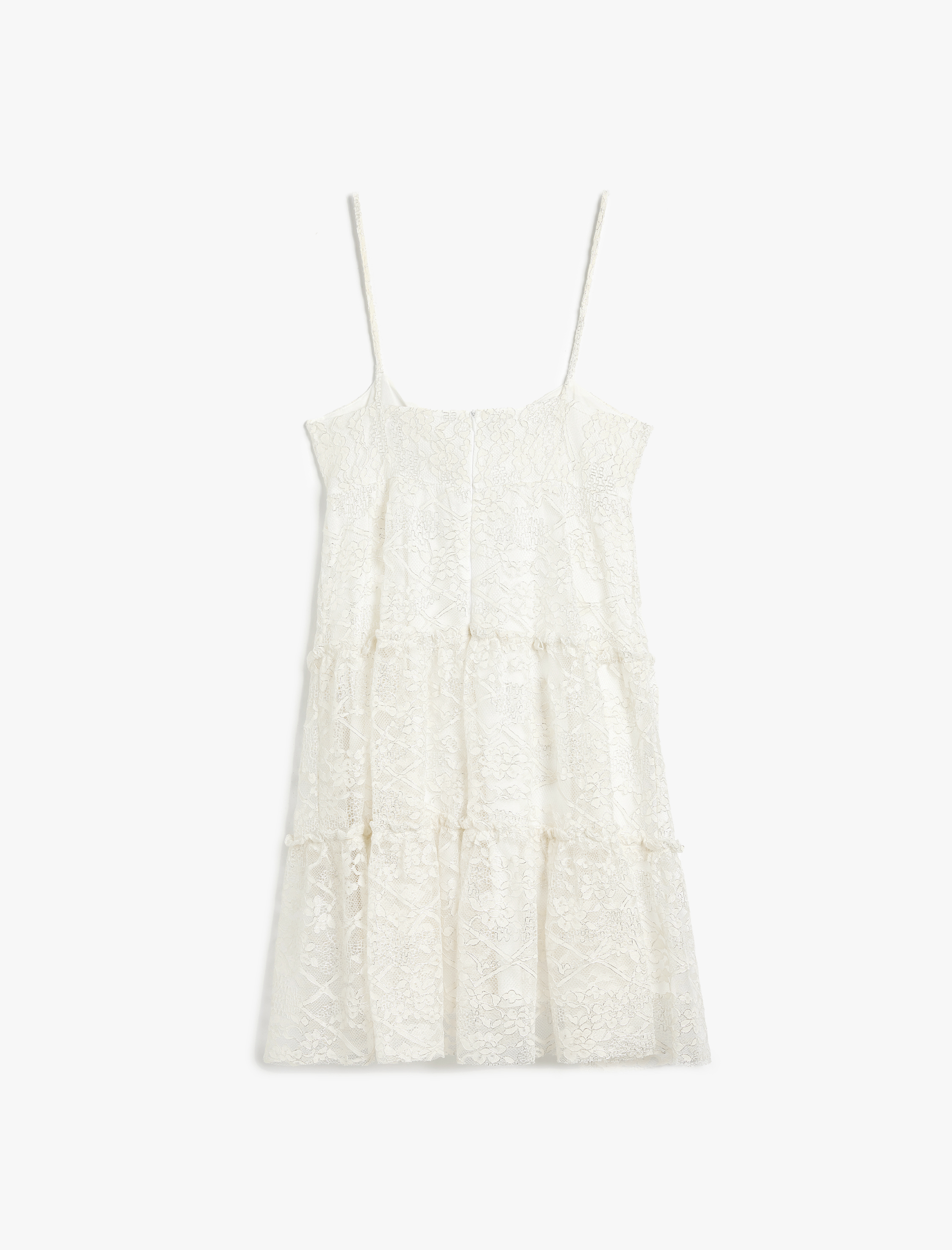   İp Askılı Dantel Detaylı Büzgülü Bağcıklı Volanlı Katlı Mini Elbise