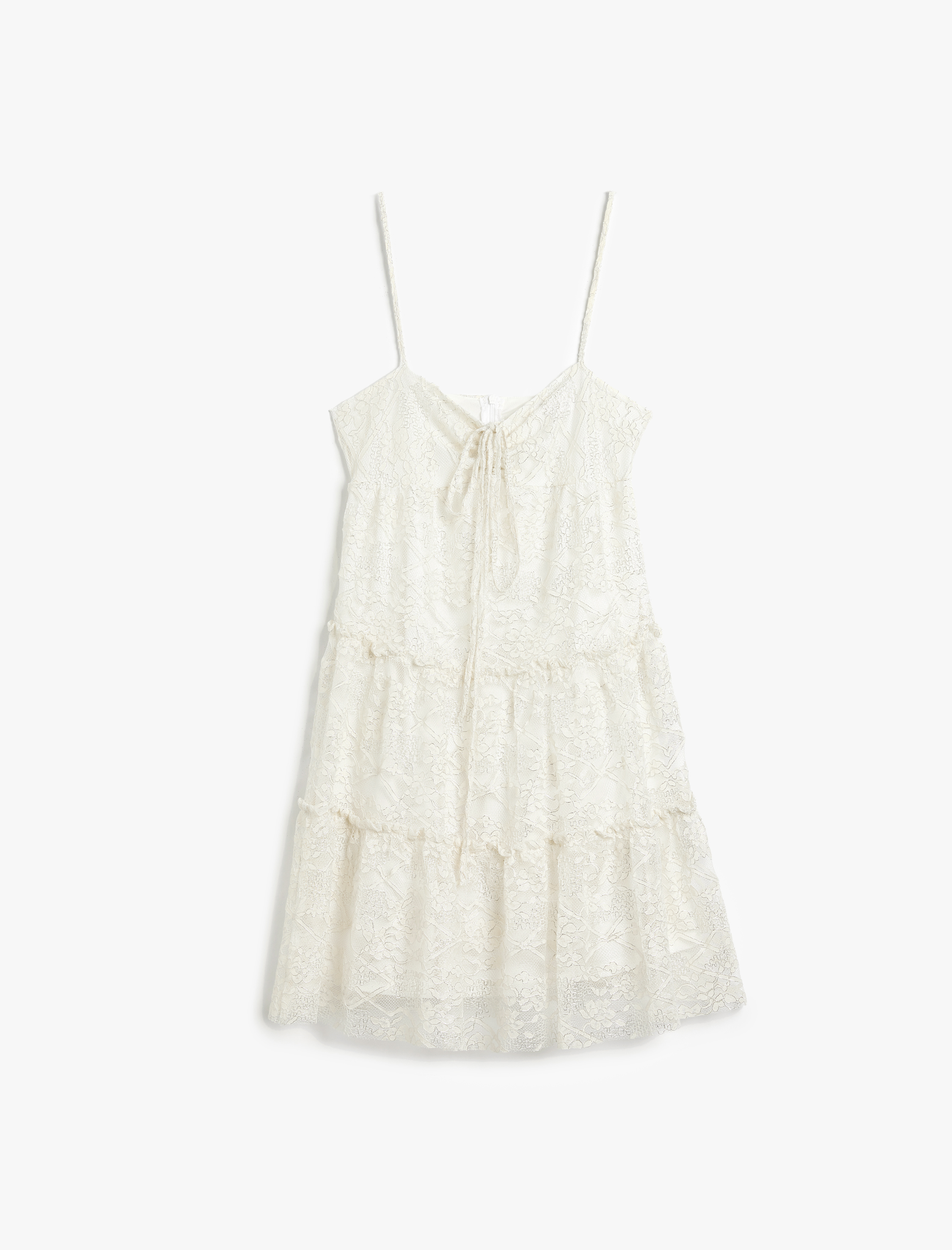   İp Askılı Dantel Detaylı Büzgülü Bağcıklı Volanlı Katlı Mini Elbise