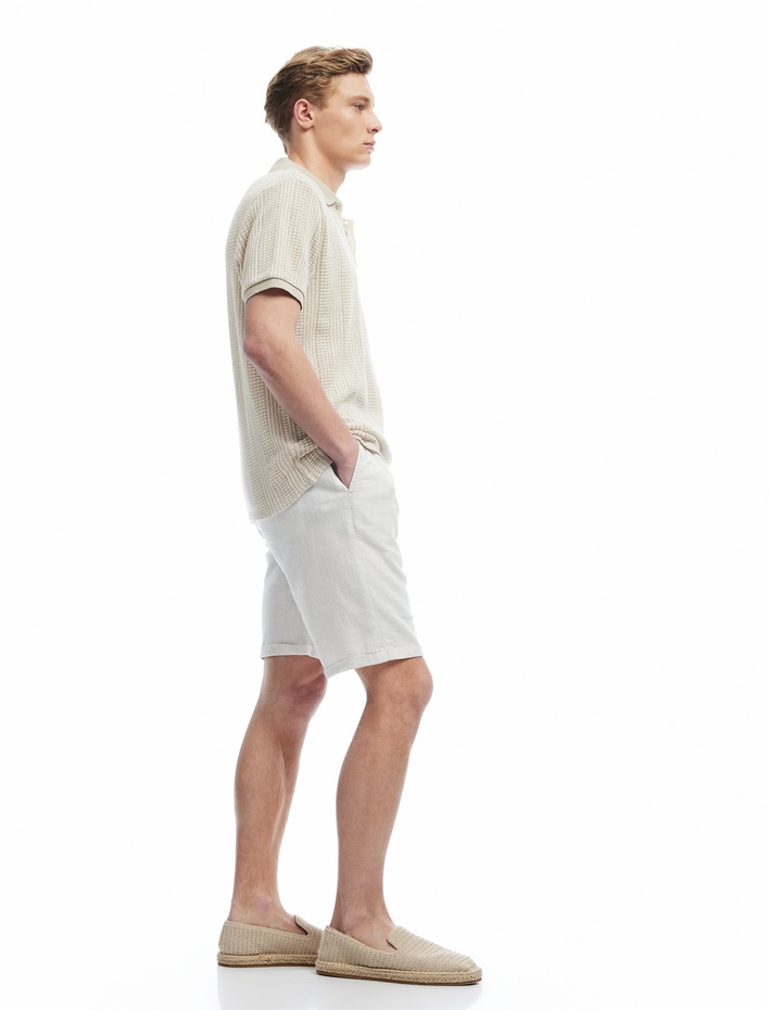  Keten Karışımlı Cep Detaylı Bermuda Çizgili Beli Bağcıklı Şort