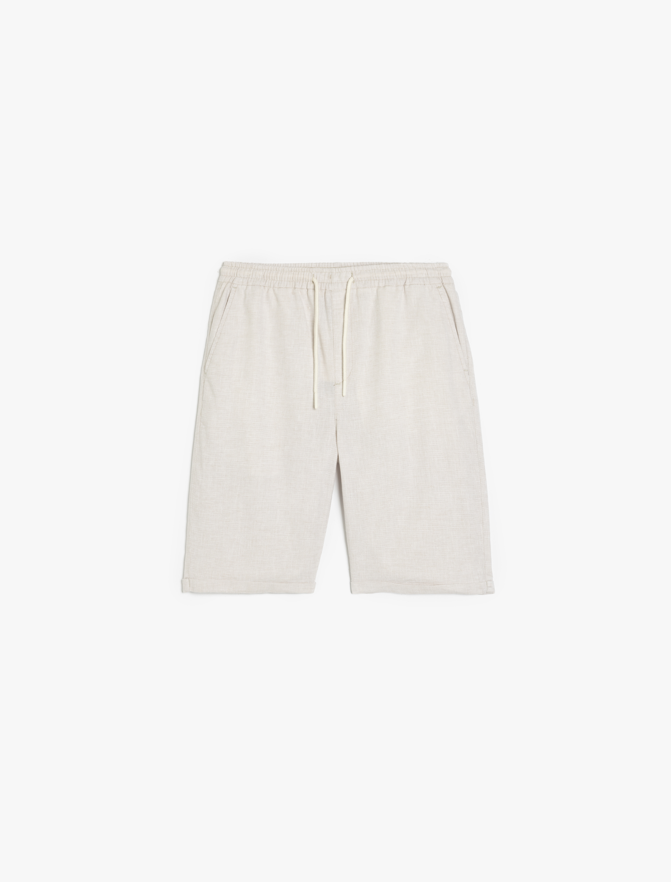   Keten Karışımlı Cep Detaylı Bermuda Çizgili Beli Bağcıklı Şort