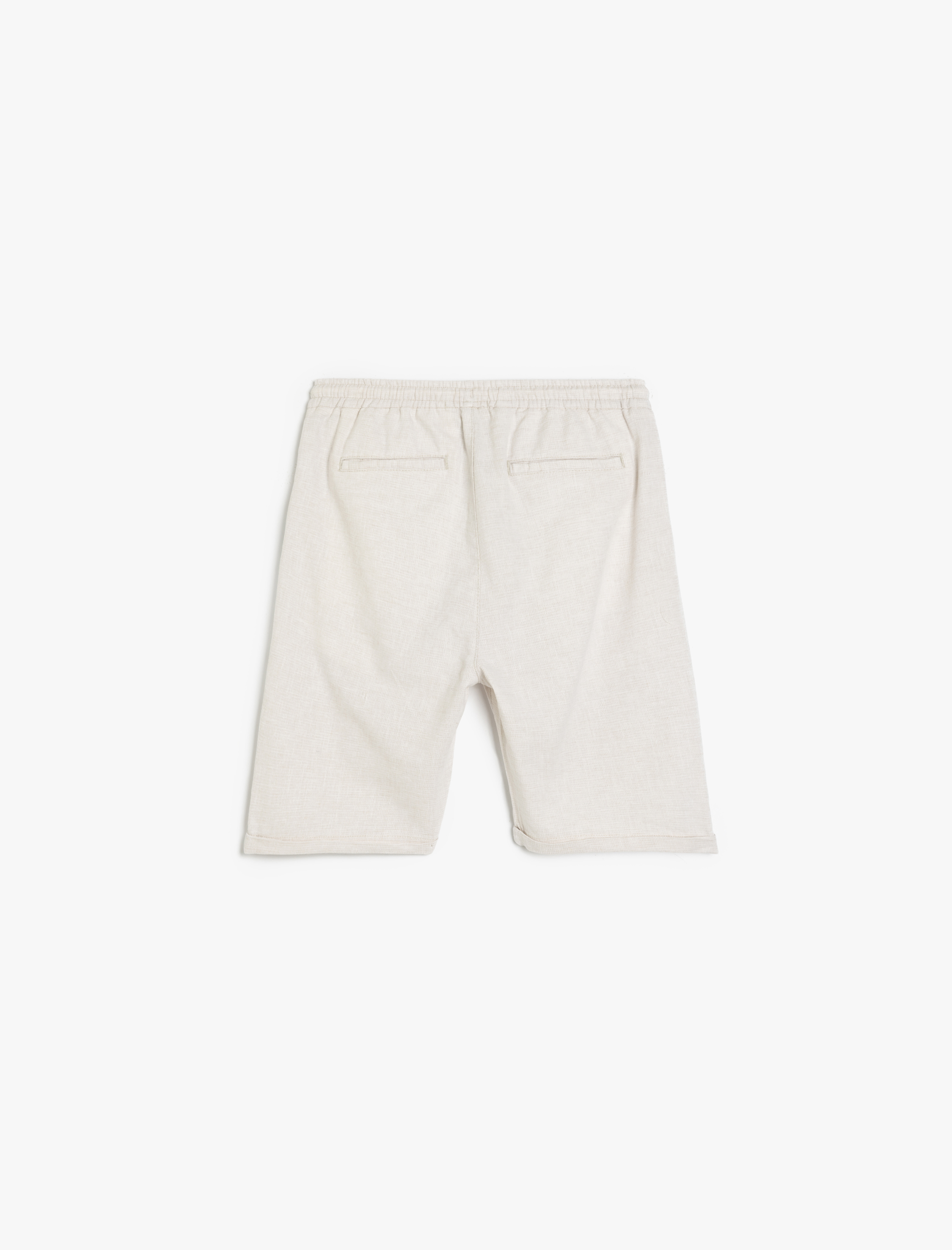   Keten Karışımlı Cep Detaylı Bermuda Çizgili Beli Bağcıklı Şort