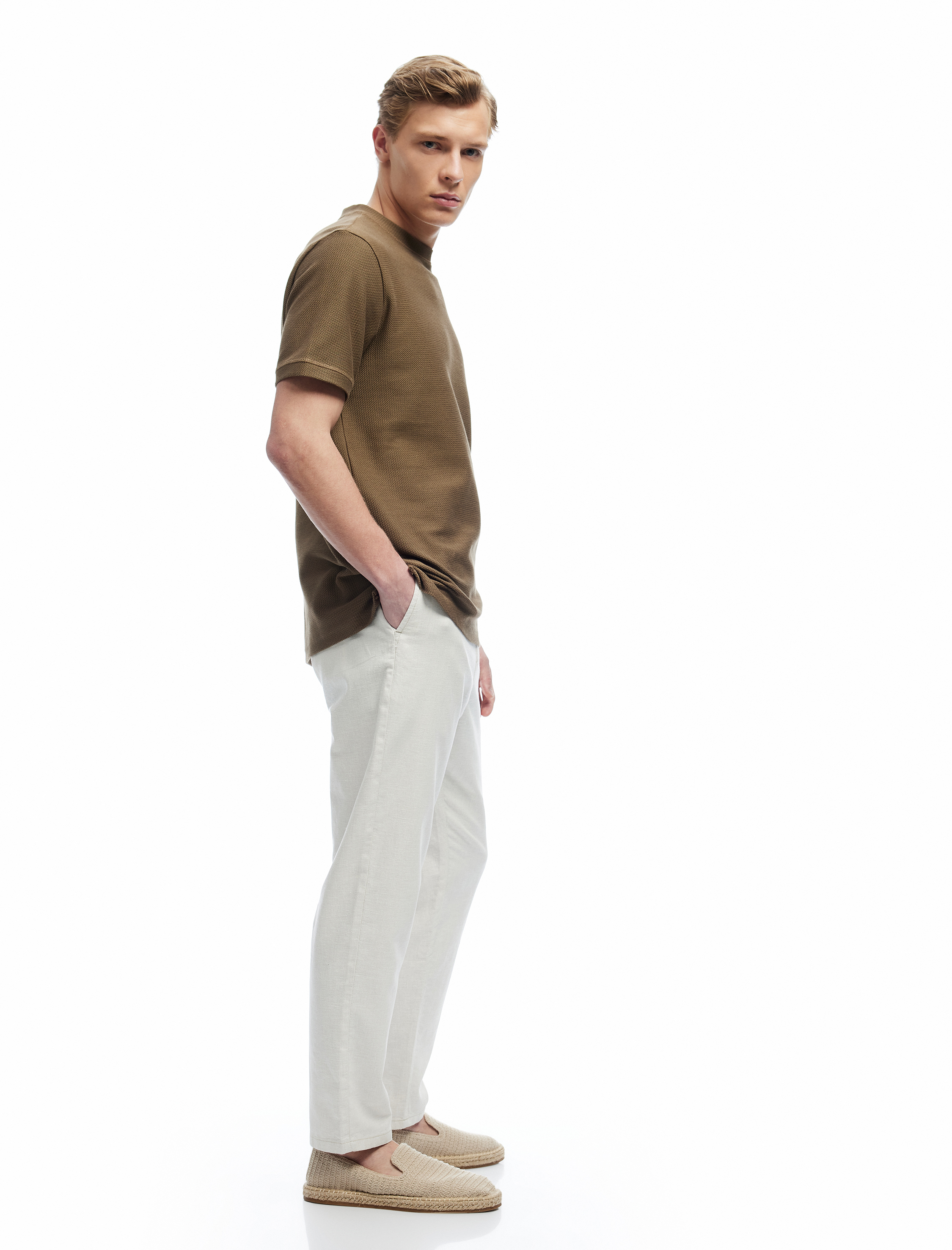   Keten Pamuk Karışımlı Cep Detaylı Beli Bağcıklı Çizgili Chino Pantolon