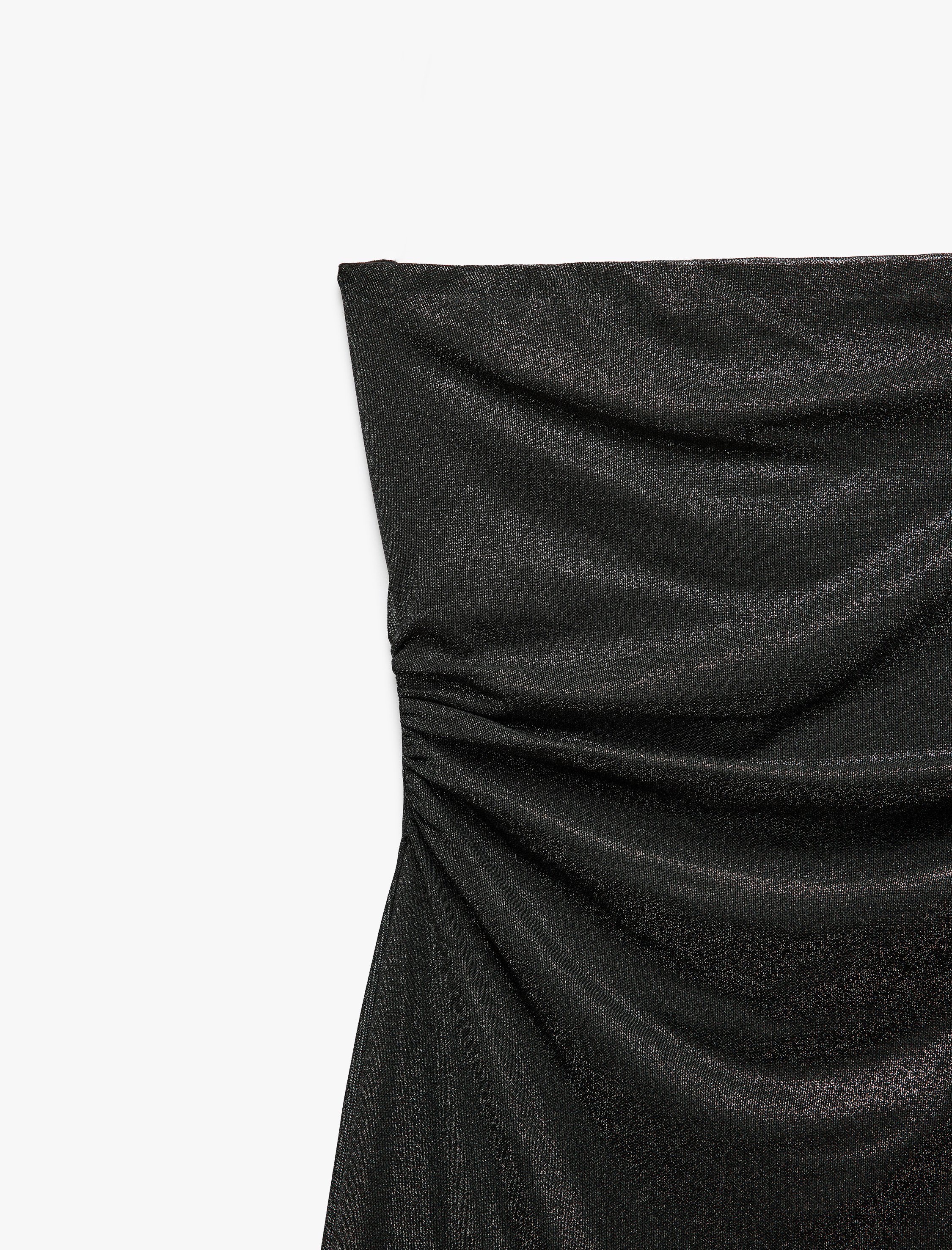 Simli Straplez Asimetrik Drapeli Volanlı Abiye Elbise