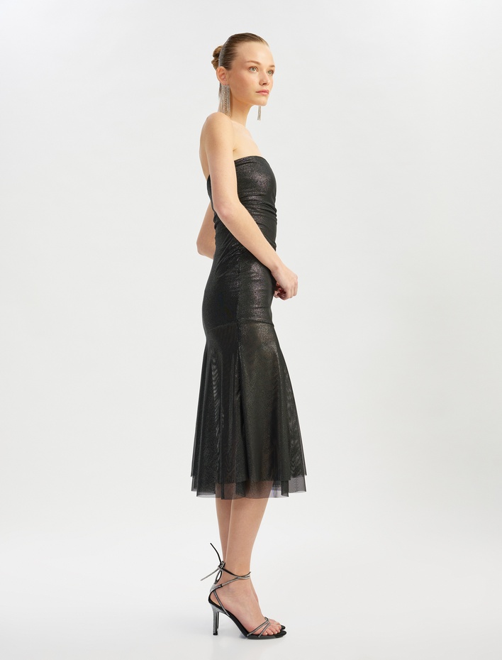  Simli Straplez Asimetrik Drapeli Volanlı Abiye Elbise