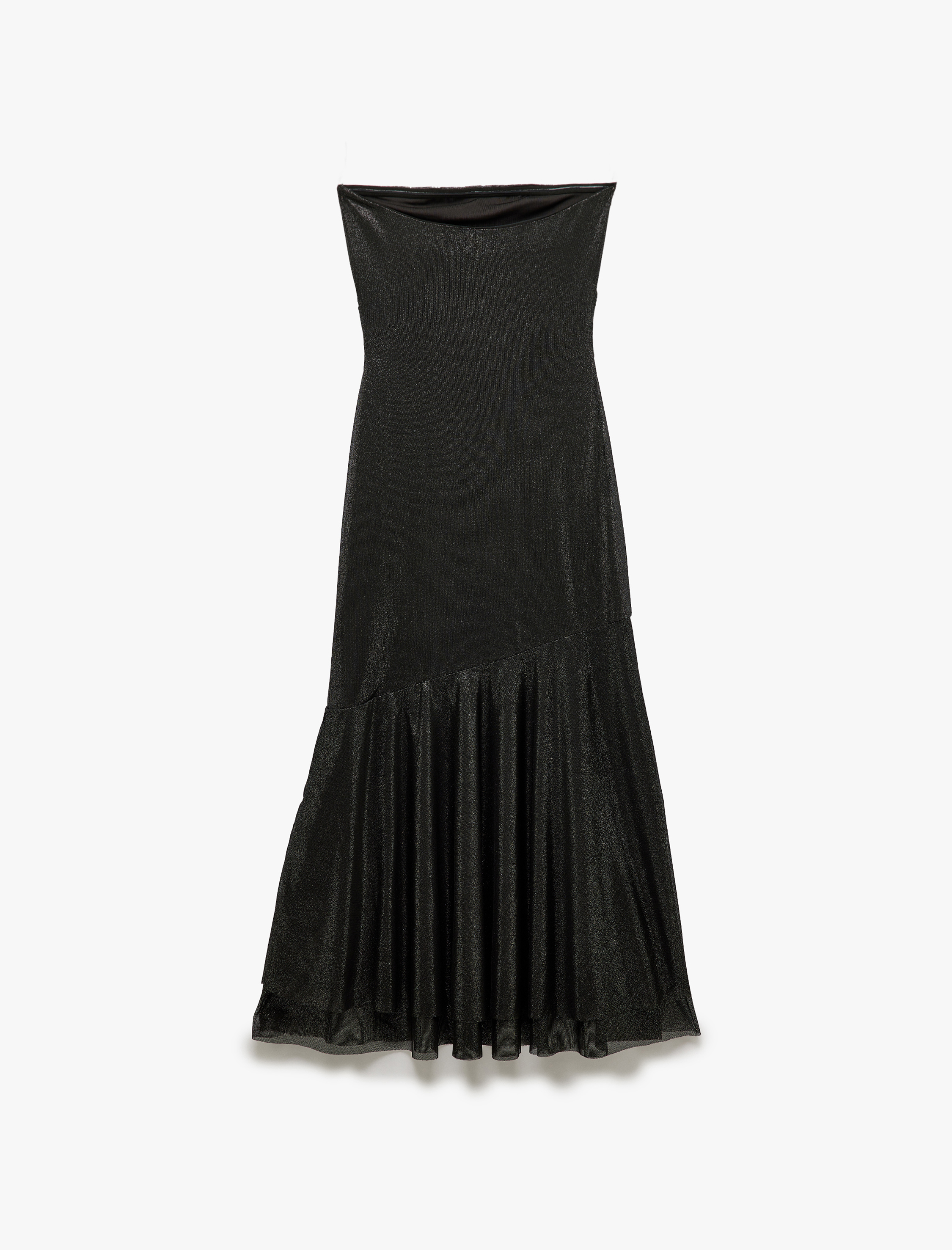 Simli Straplez Asimetrik Drapeli Volanlı Abiye Elbise