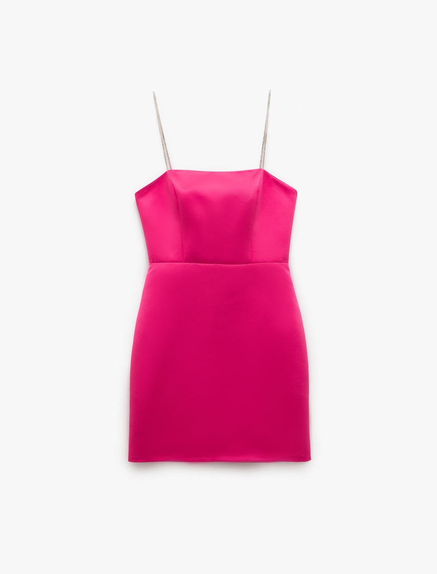   Saten Straplez Yaka Taş Askılı Bodycon Mini Elbise