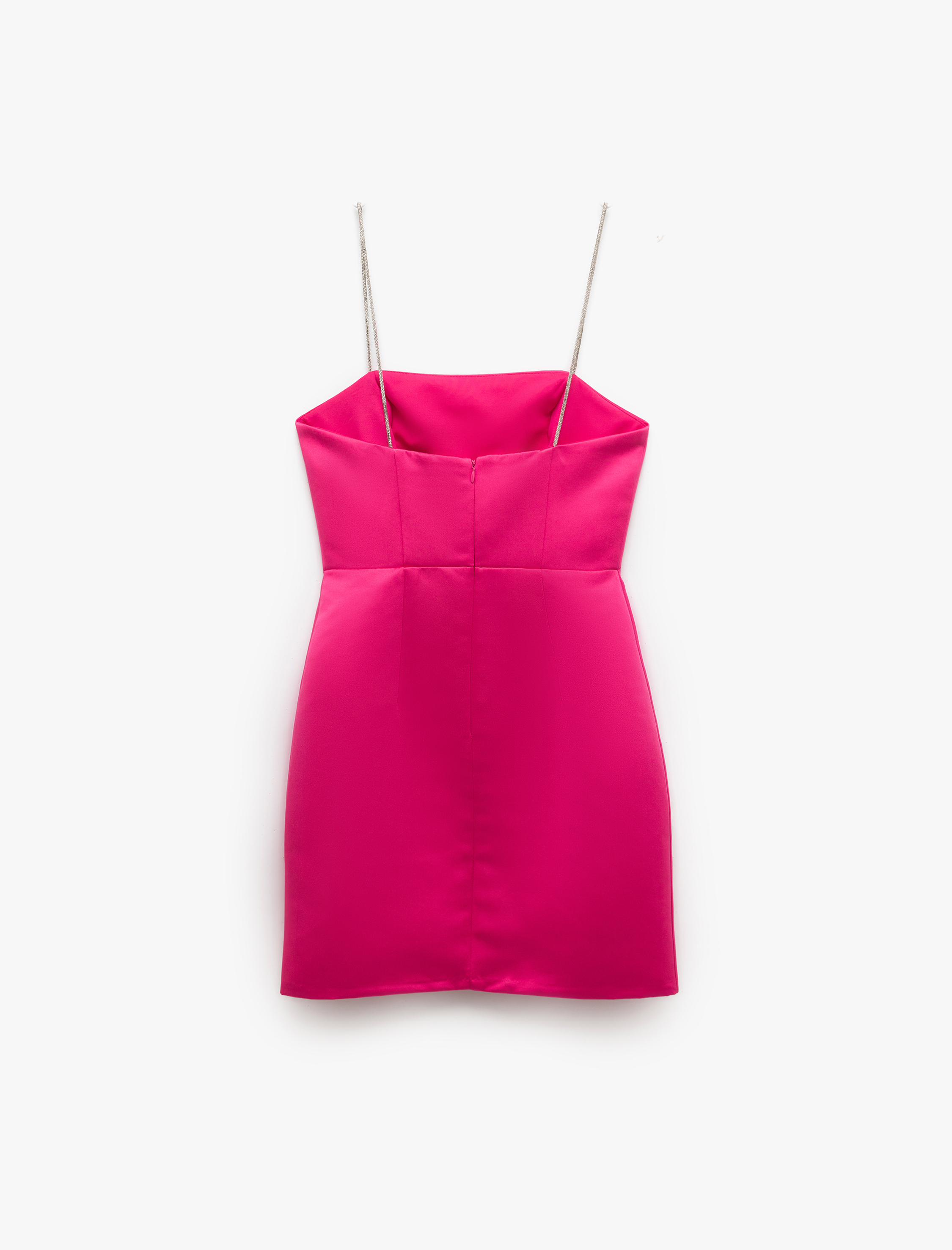 Saten Straplez Yaka Taş Askılı Bodycon Mini Elbise