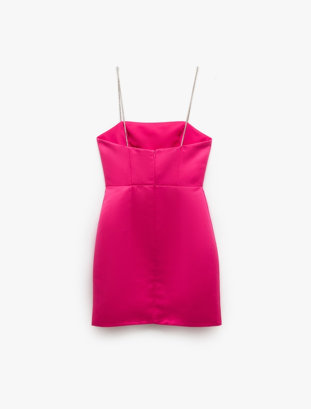 Saten Straplez Yaka Taş Askılı Bodycon Mini Elbise_3