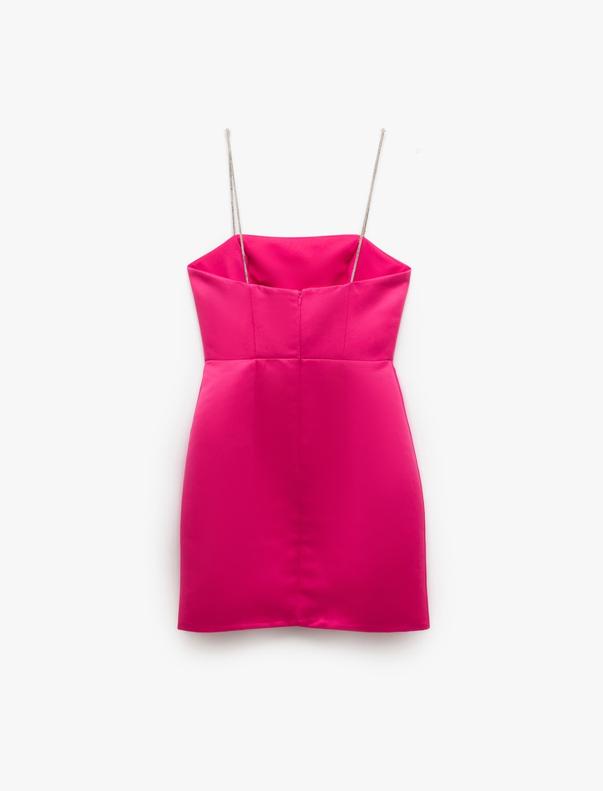   Saten Straplez Yaka Taş Askılı Bodycon Mini Elbise
