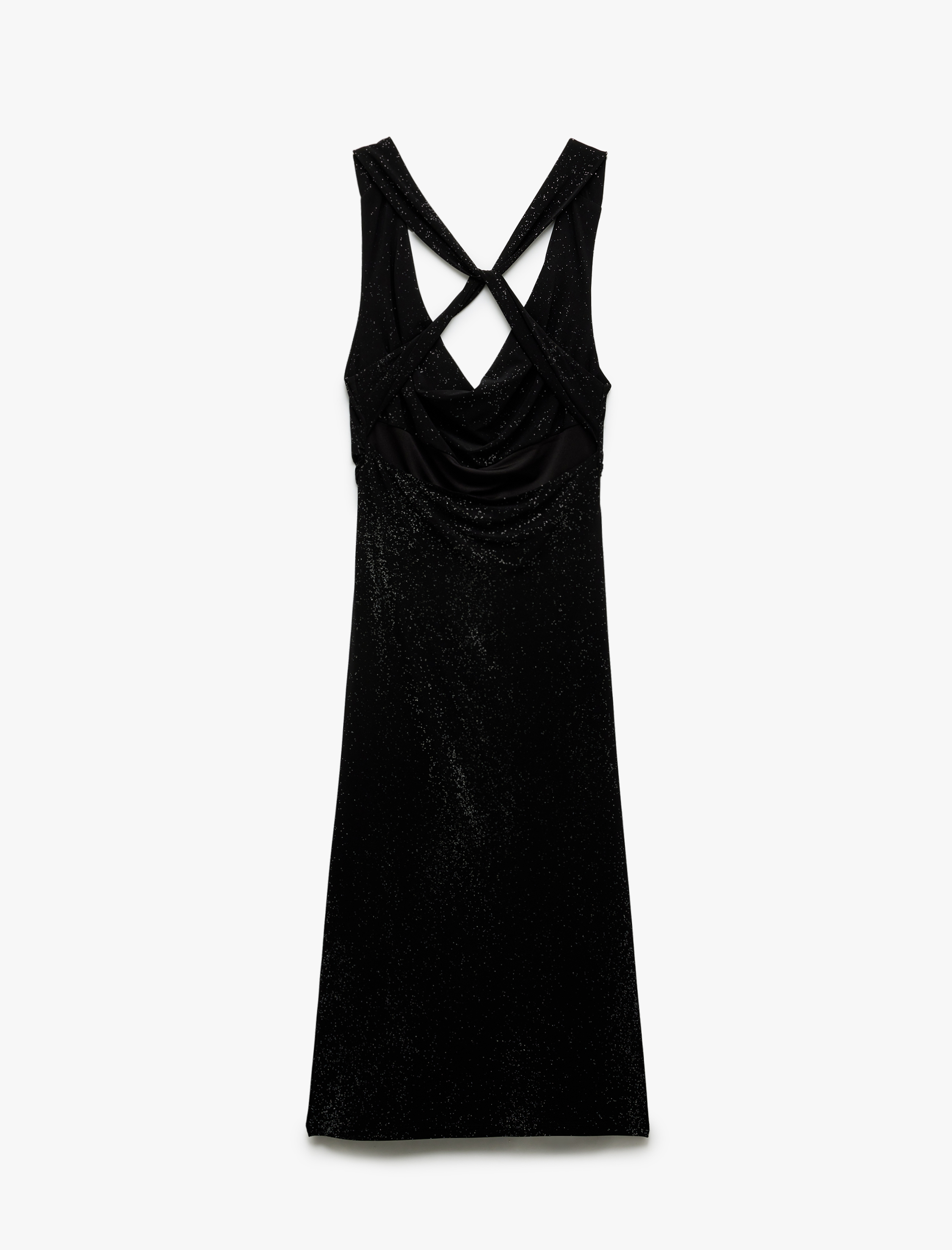   Simli Degaje Yaka Sırt Detaylı Drapeli Kolsuz Midi Elbise