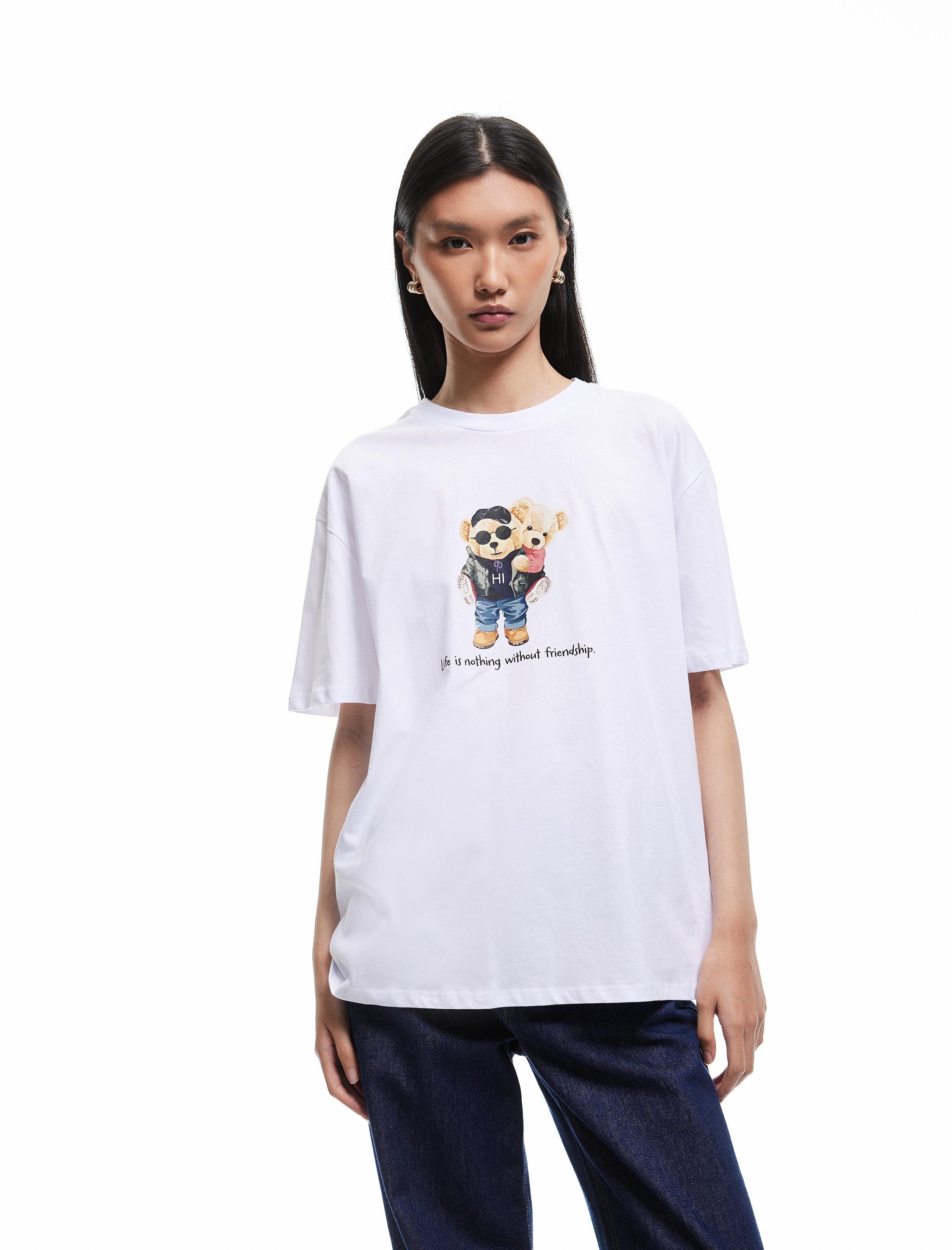   Pamuklu Kısa Kollu Bisiklet Yaka Ayıcık Baskılı Kadın Tişört