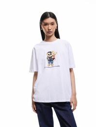 Pamuklu Kısa Kollu Bisiklet Yaka Ayıcık Baskılı Kadın Tişört