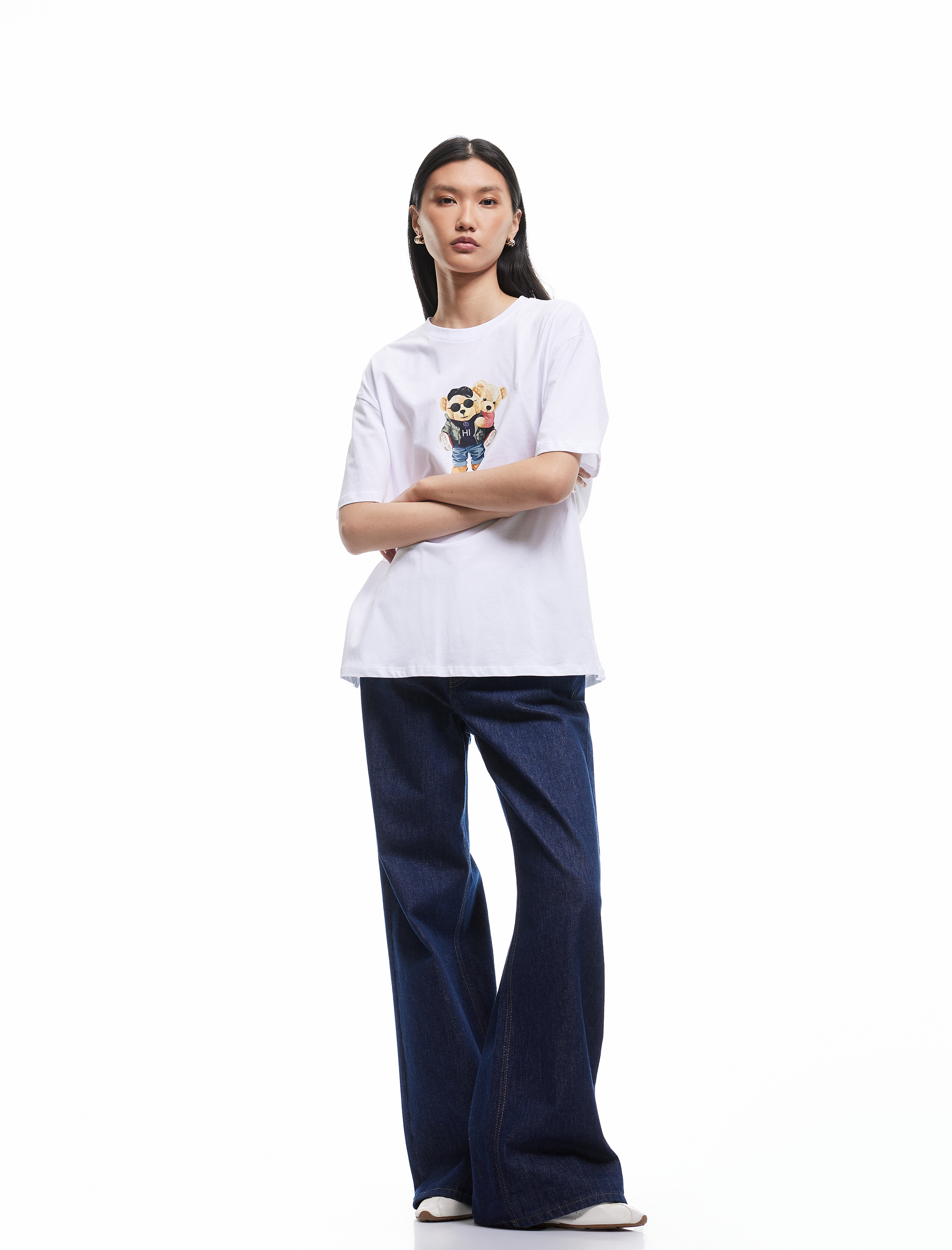   Pamuklu Kısa Kollu Bisiklet Yaka Ayıcık Baskılı Kadın Tişört