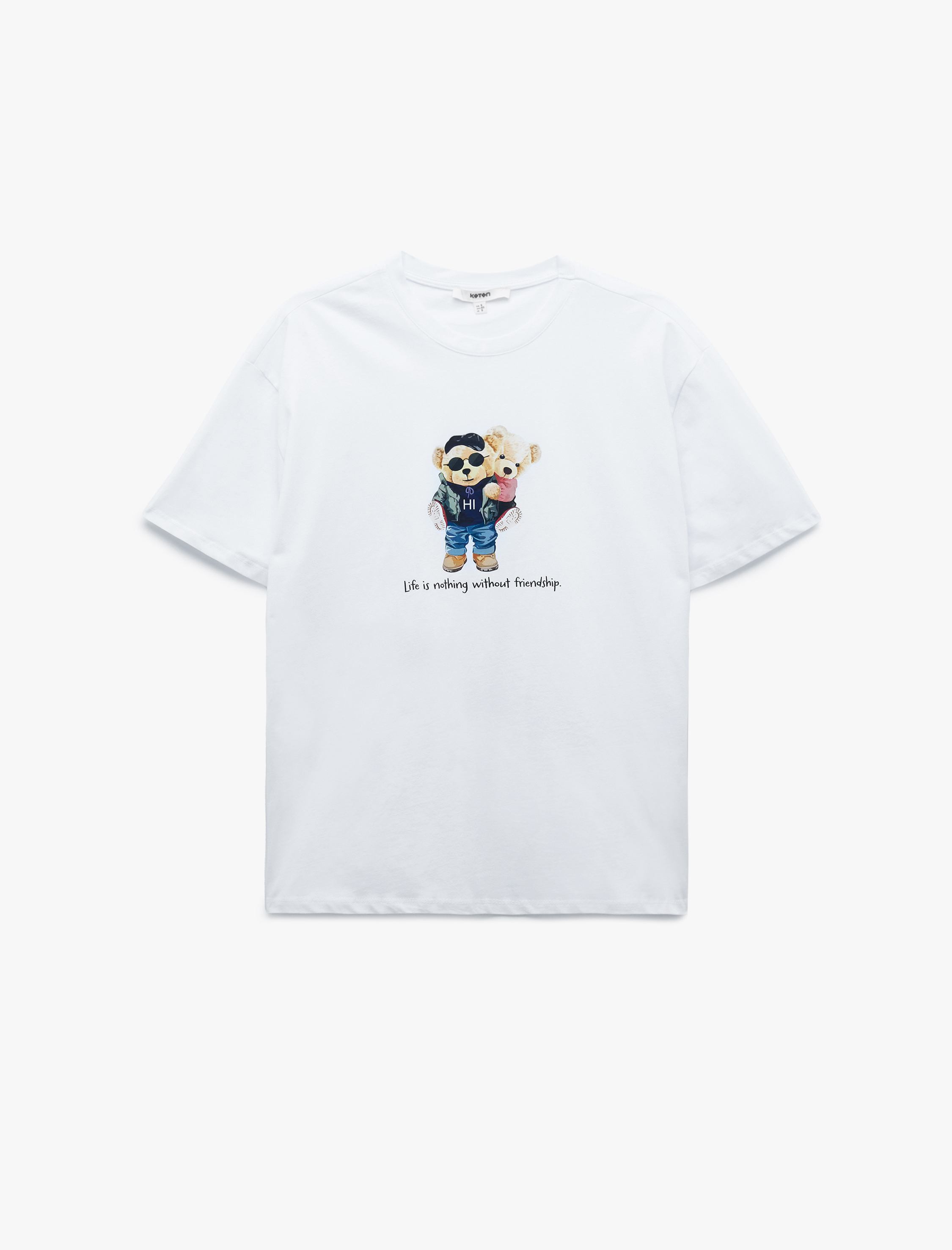   Pamuklu Kısa Kollu Bisiklet Yaka Ayıcık Baskılı Kadın Tişört