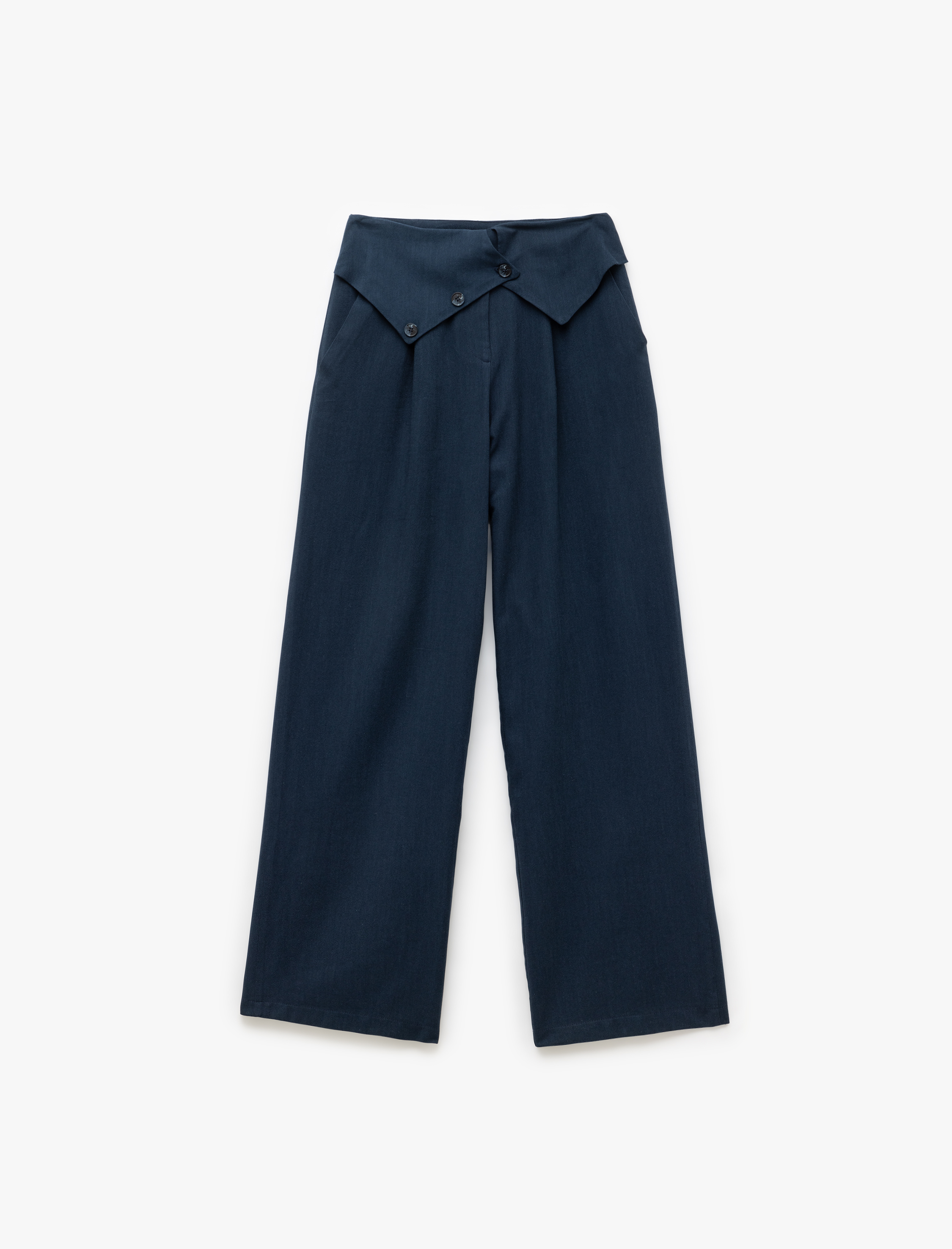   Asimetrik Bel Detaylı Cepli Viskon Kumaş Geniş Paça Pantolon