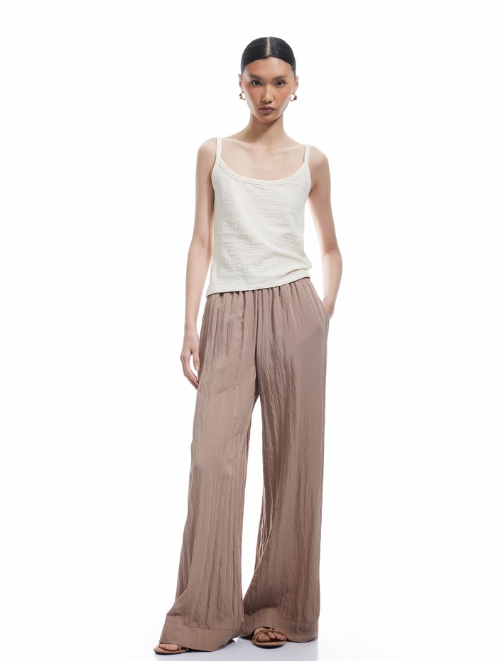  Dokulu Viskon Kumaş Cepli Düz Geniş Paça Pantolon