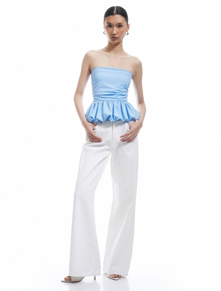  Büzgülü Balon Etek Ucu Detaylı Straplez Crop Bluz