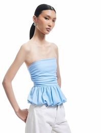 Büzgülü Balon Etek Ucu Detaylı Straplez Crop Bluz