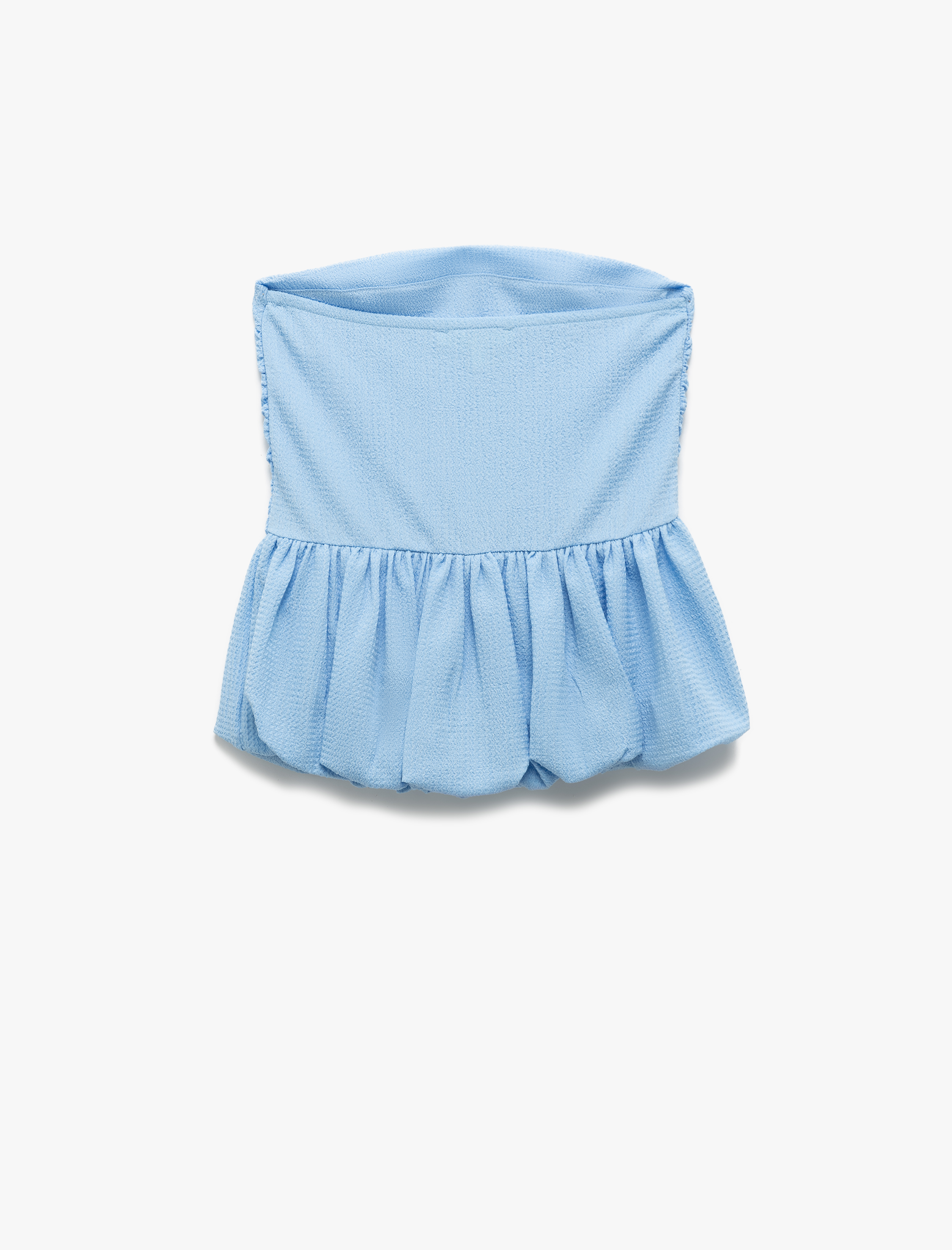   Büzgülü Balon Etek Ucu Detaylı Straplez Crop Bluz