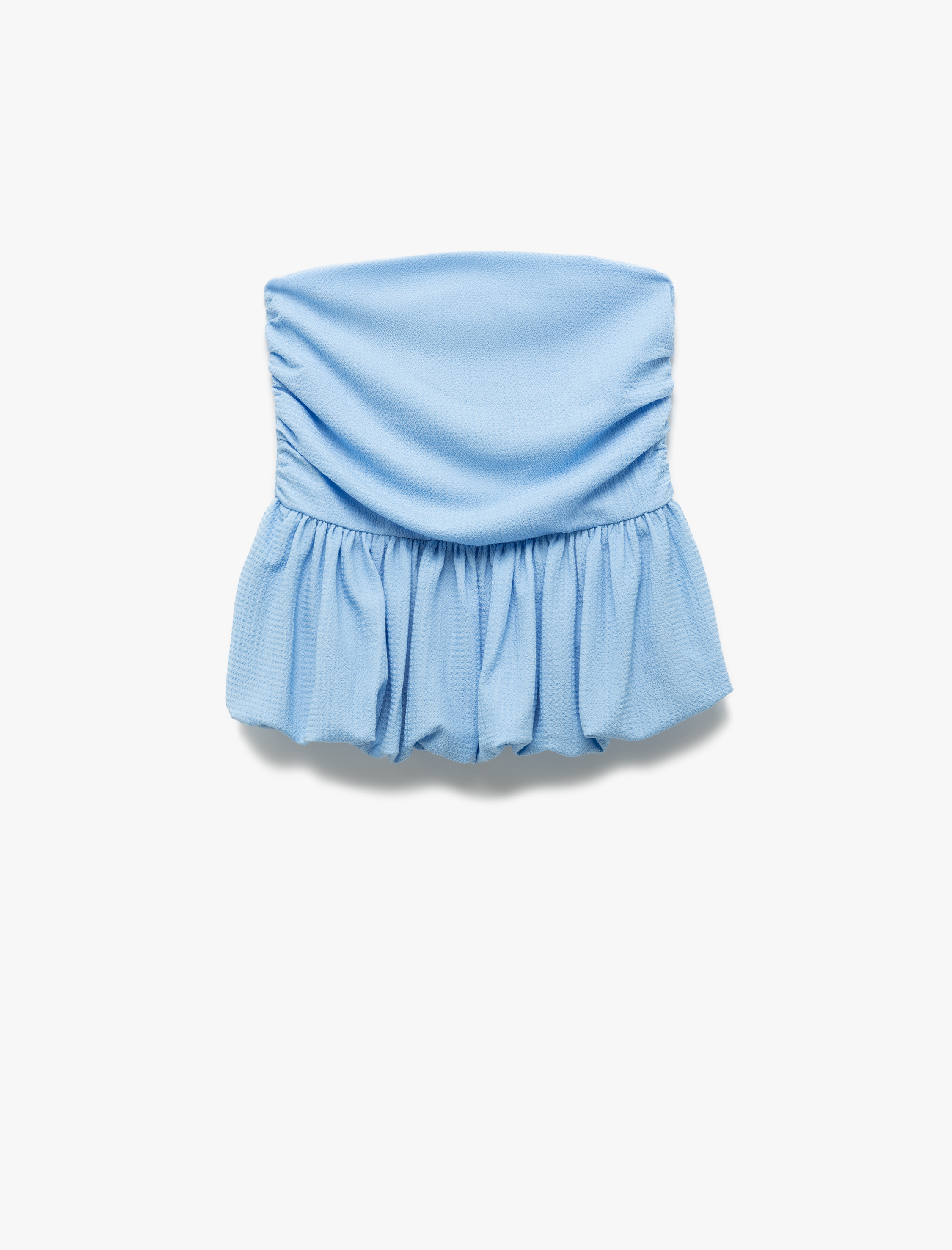   Büzgülü Balon Etek Ucu Detaylı Straplez Crop Bluz