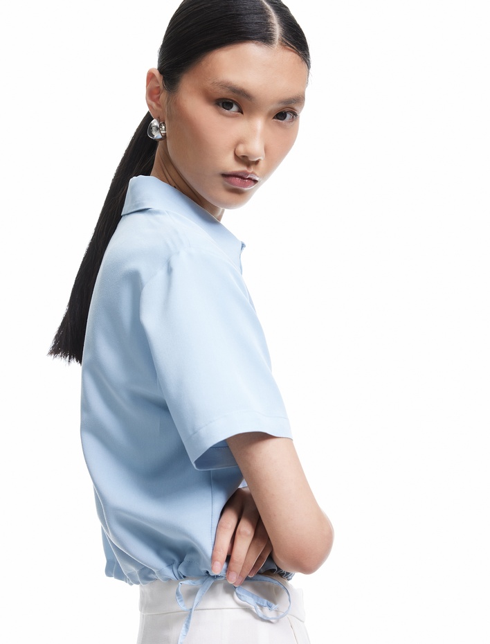  Beli Bağcıklı Modal Cupro Kumaş Kısa Kollu Gömlek