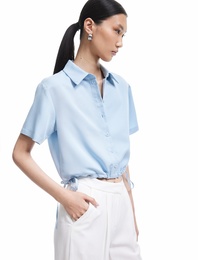 Beli Bağcıklı Modal Cupro Kumaş Kısa Kollu Gömlek