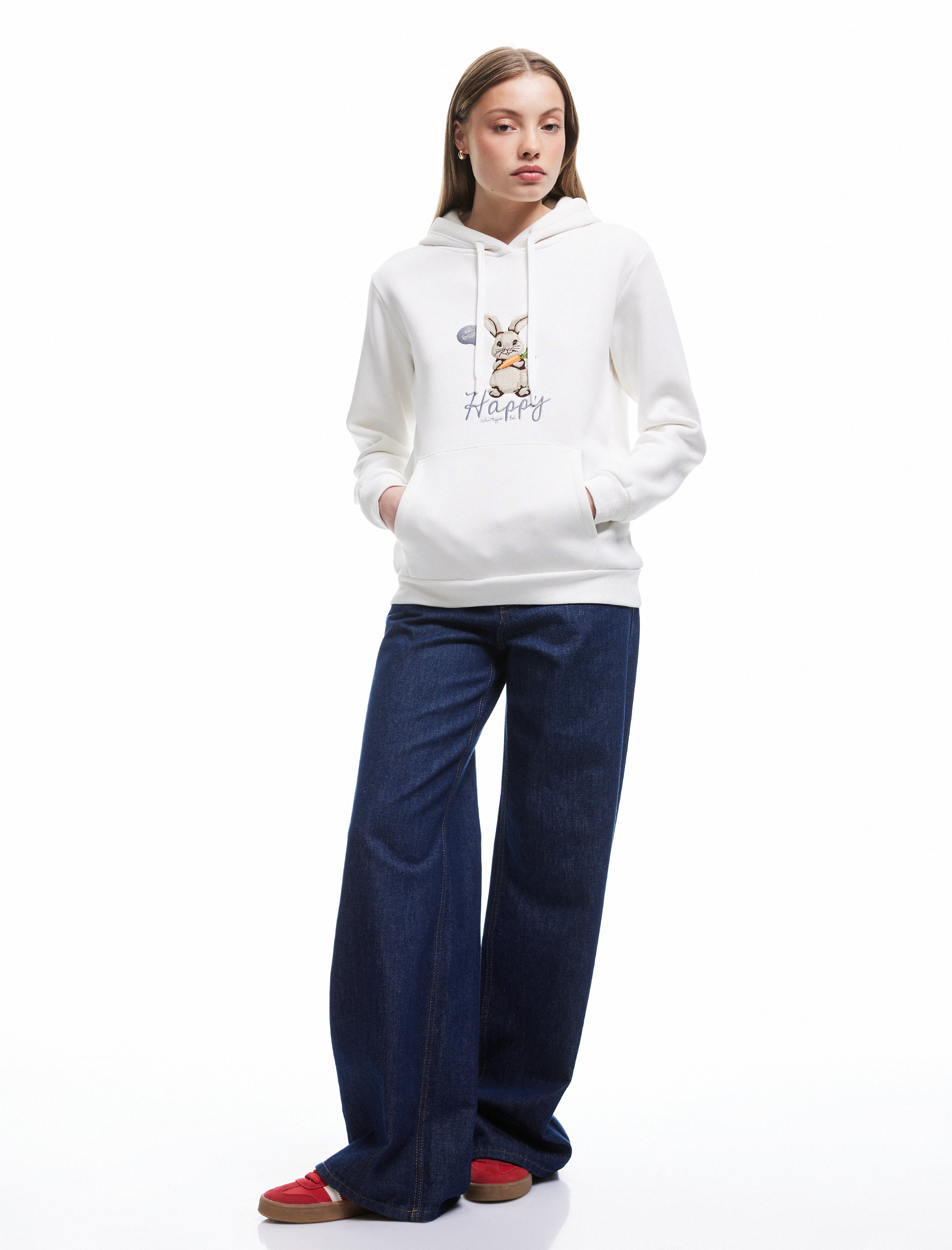   Üç İplik Şardonlu Nakış Detaylı Kanguru Cepli Kapüşonlu Sweatshirt