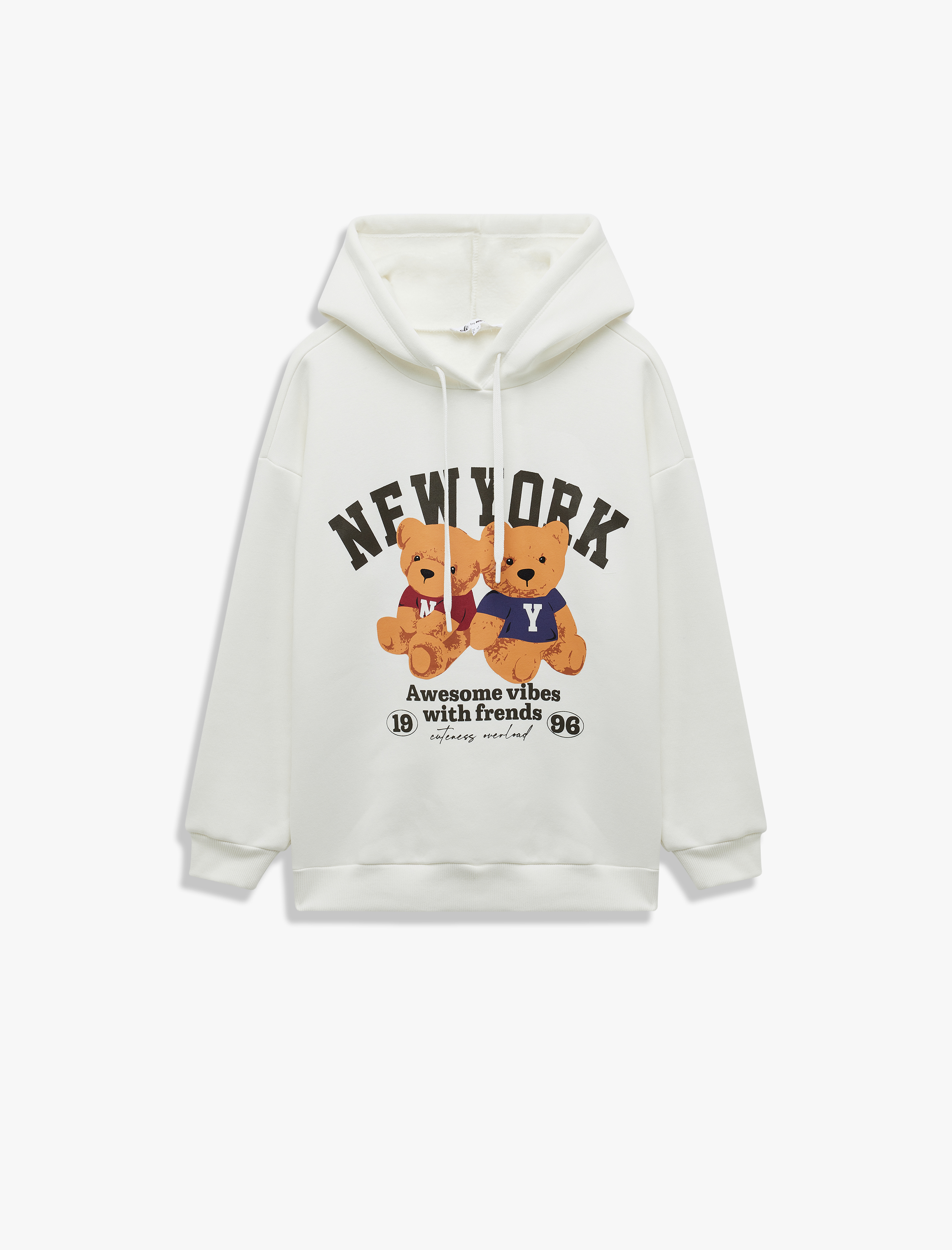   Ayı Baskılı Şardonlu Kapüşonlu Oversize Sweatshirt