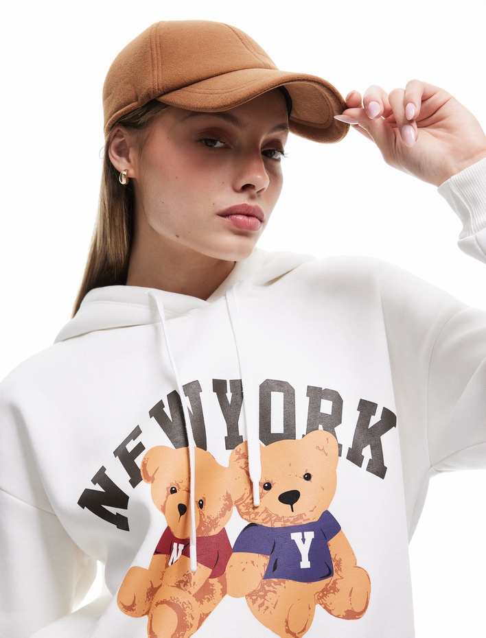  Ayı Baskılı Şardonlu Kapüşonlu Oversize Sweatshirt