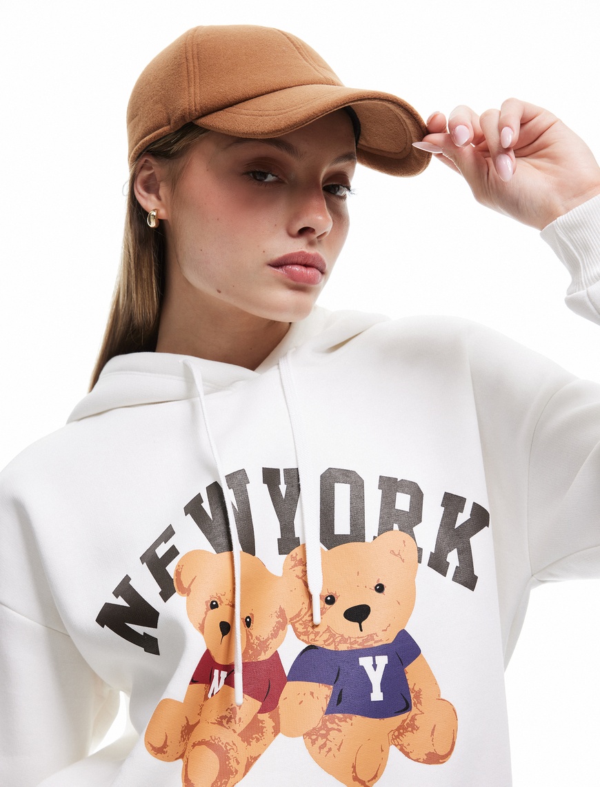   Ayı Baskılı Şardonlu Kapüşonlu Oversize Sweatshirt