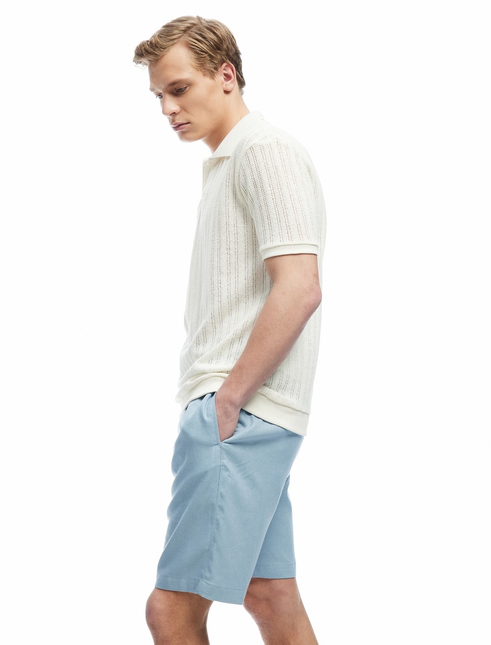  Cepli Keten Viskon Karışımlı Bermuda Oversize Beli Bağcıklı Şort