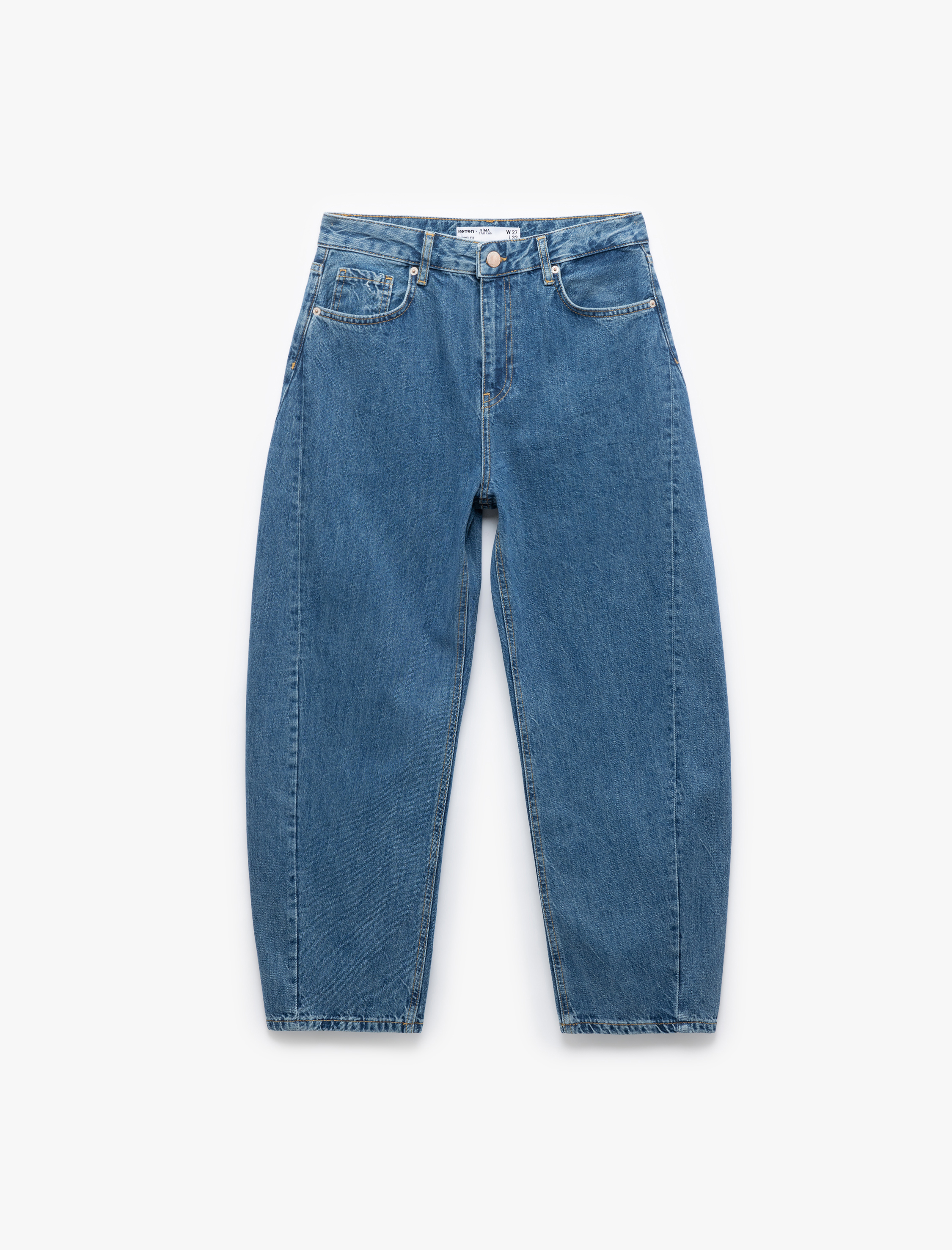   Rahat Kesim Yüksek Bel Düğmeli Pamuklu Barrel Jean Pantolon