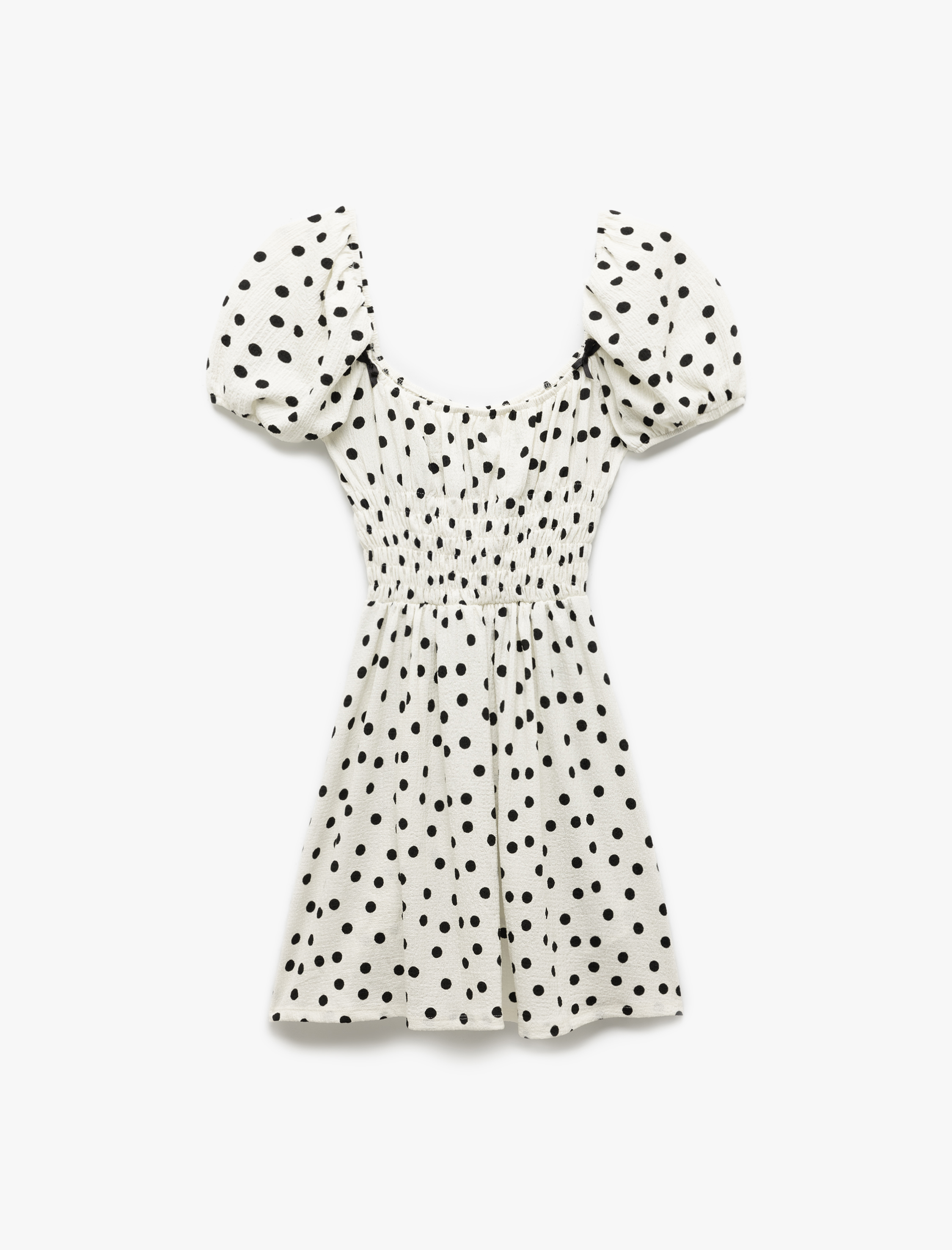   Bürümcük Kumaş Gipeli Kısa Balon Kollu Puantiye Desenli Mini Elbise