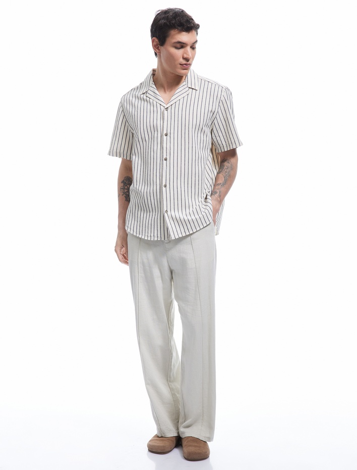  Kısa Kollu Regular Fit Devrik Yaka Pamuklu Çizgili Gömlek