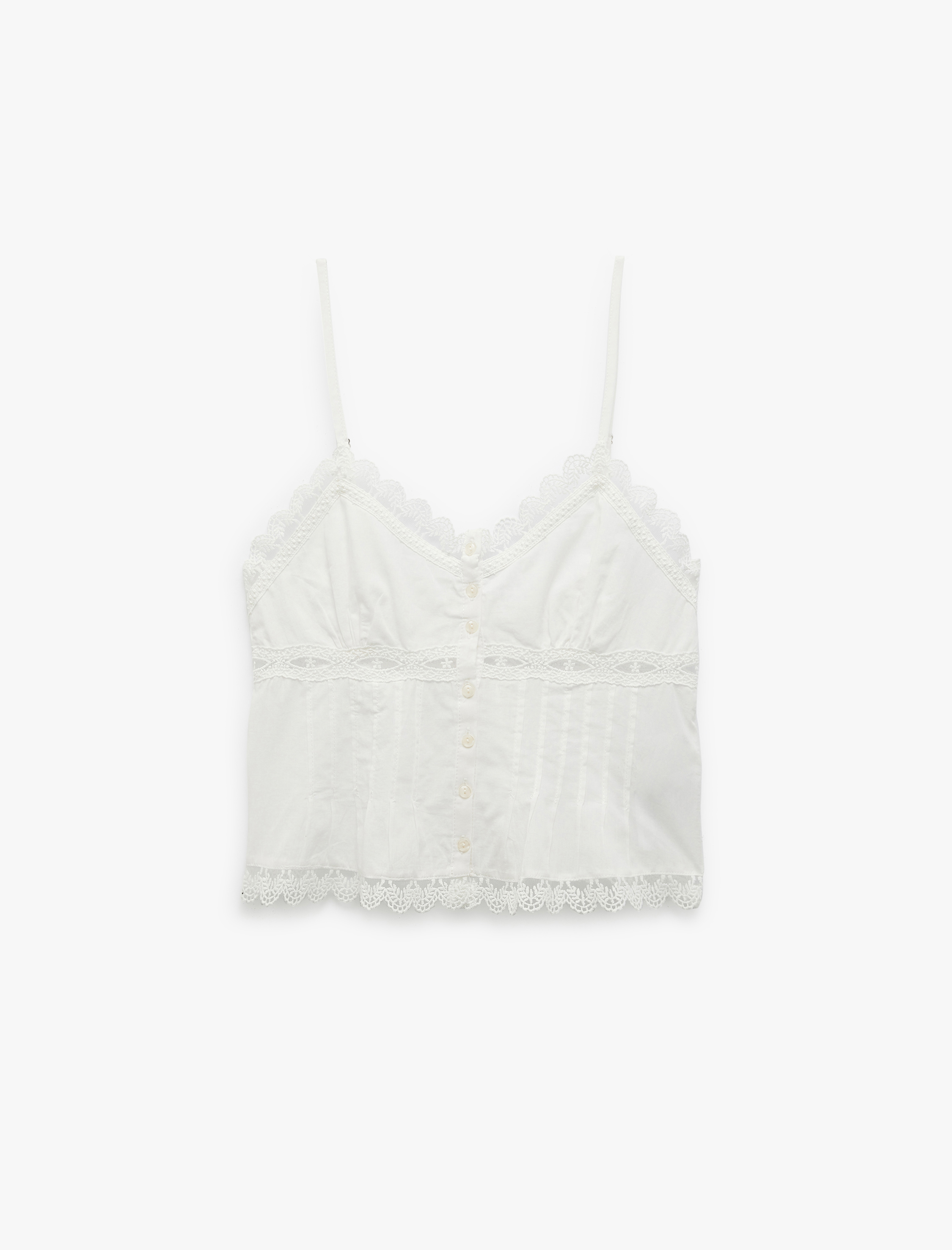   Dantel Detaylı V Yaka Düğmeli Askılı Bluz