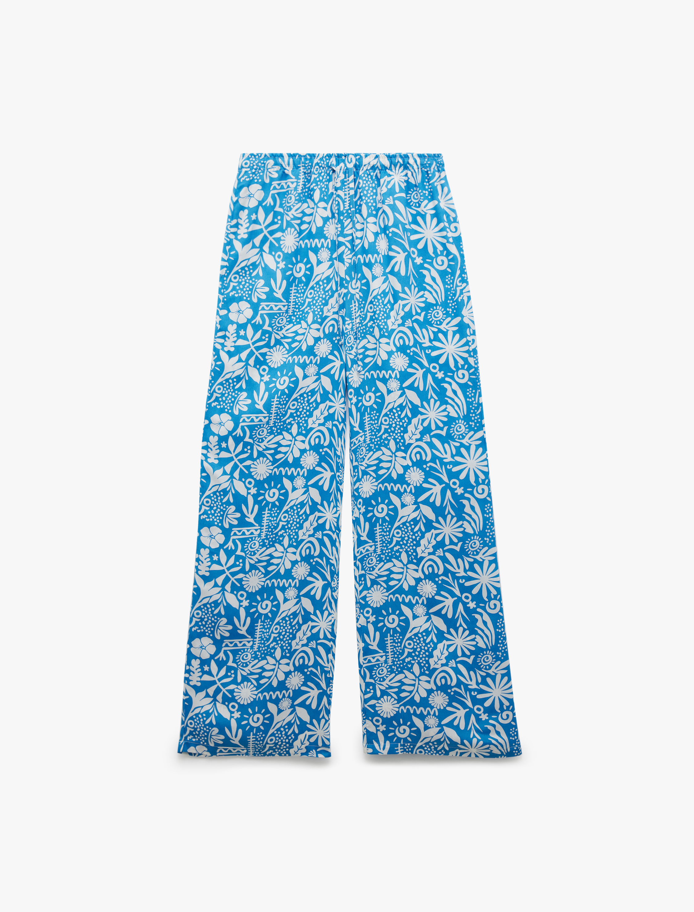   Çiçekli Beli Bağcıklı Viskon Geniş Paça Pantolon